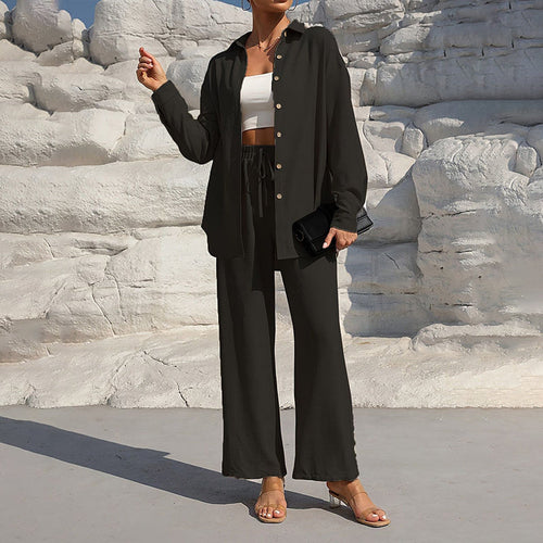 Women Solid Color Lapel Long Sleeve Pants Set - Button-Up Casual