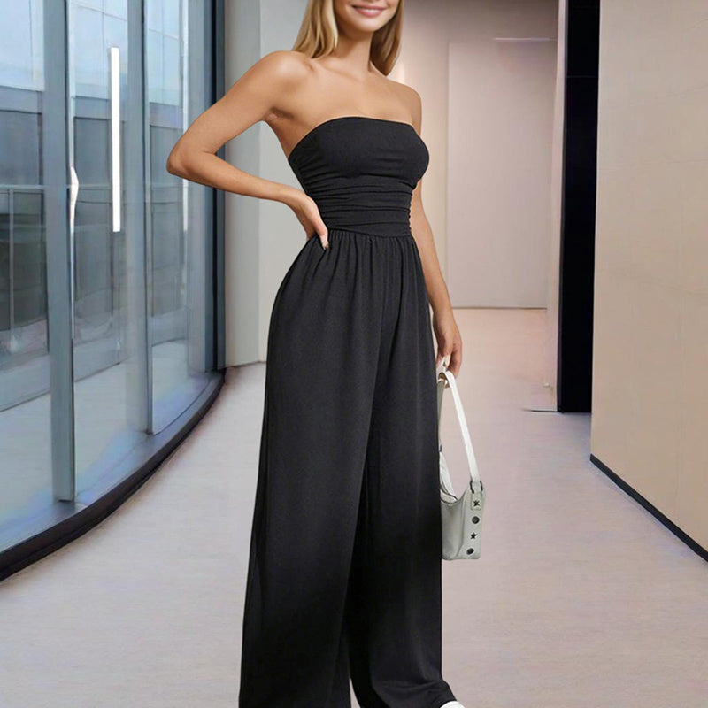 Women Solid Color Strapless Jumpsuit Wide-Leg Palazzo Pants With