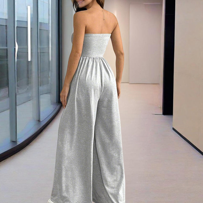 Women Solid Color Strapless Jumpsuit Wide-Leg Palazzo Pants With