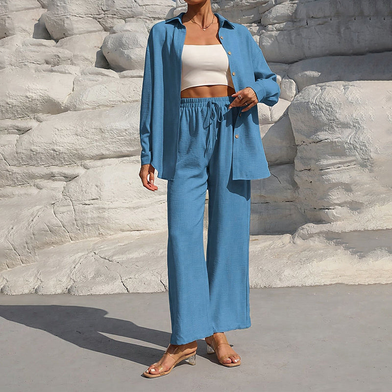 Women Solid Color Lapel Long Sleeve Pants Set - Button-Up Casual