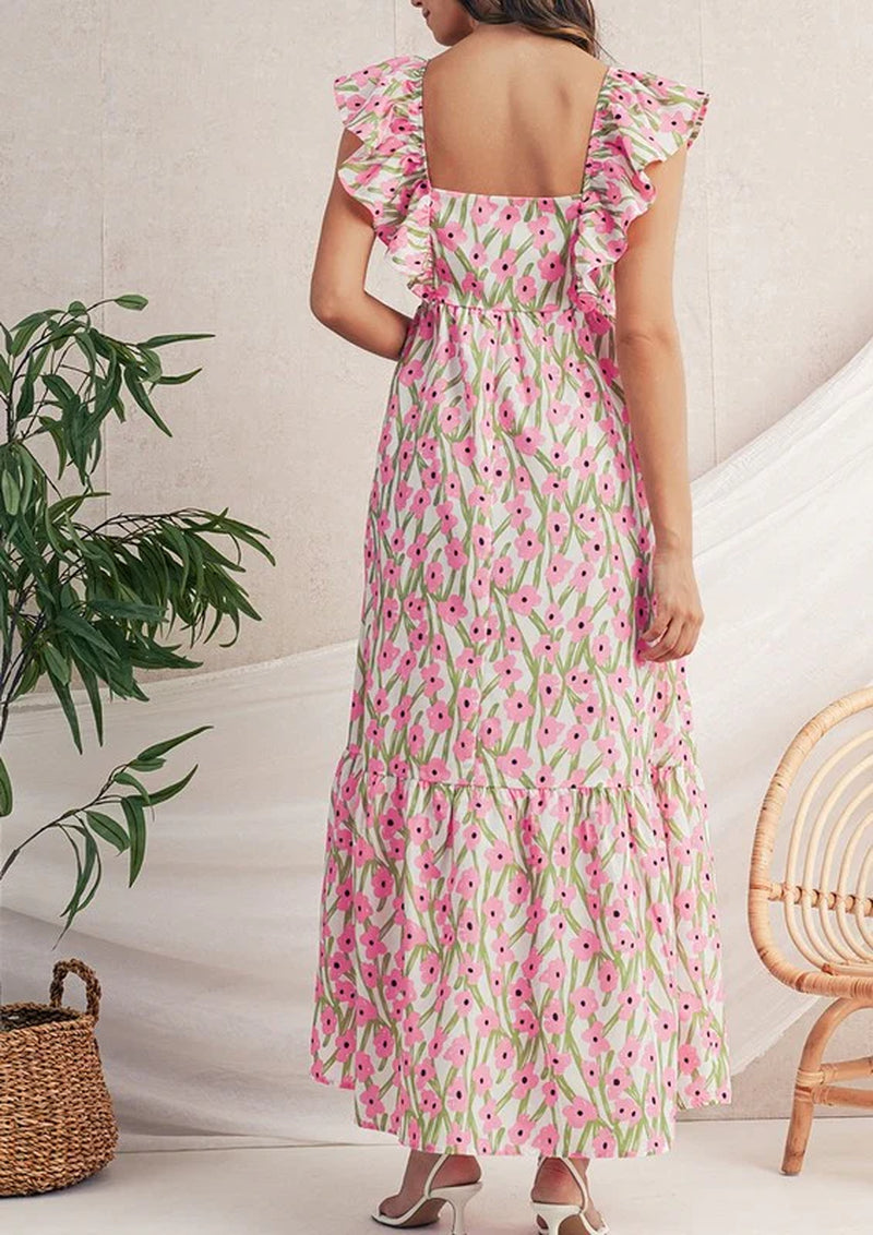 Get ready to bloom in our stunning Pink Floral Maxi Dress with Ruffled Straps! ๐ธโจ Perfect for any occasion! #FashionGoals #MaxiDressMagic