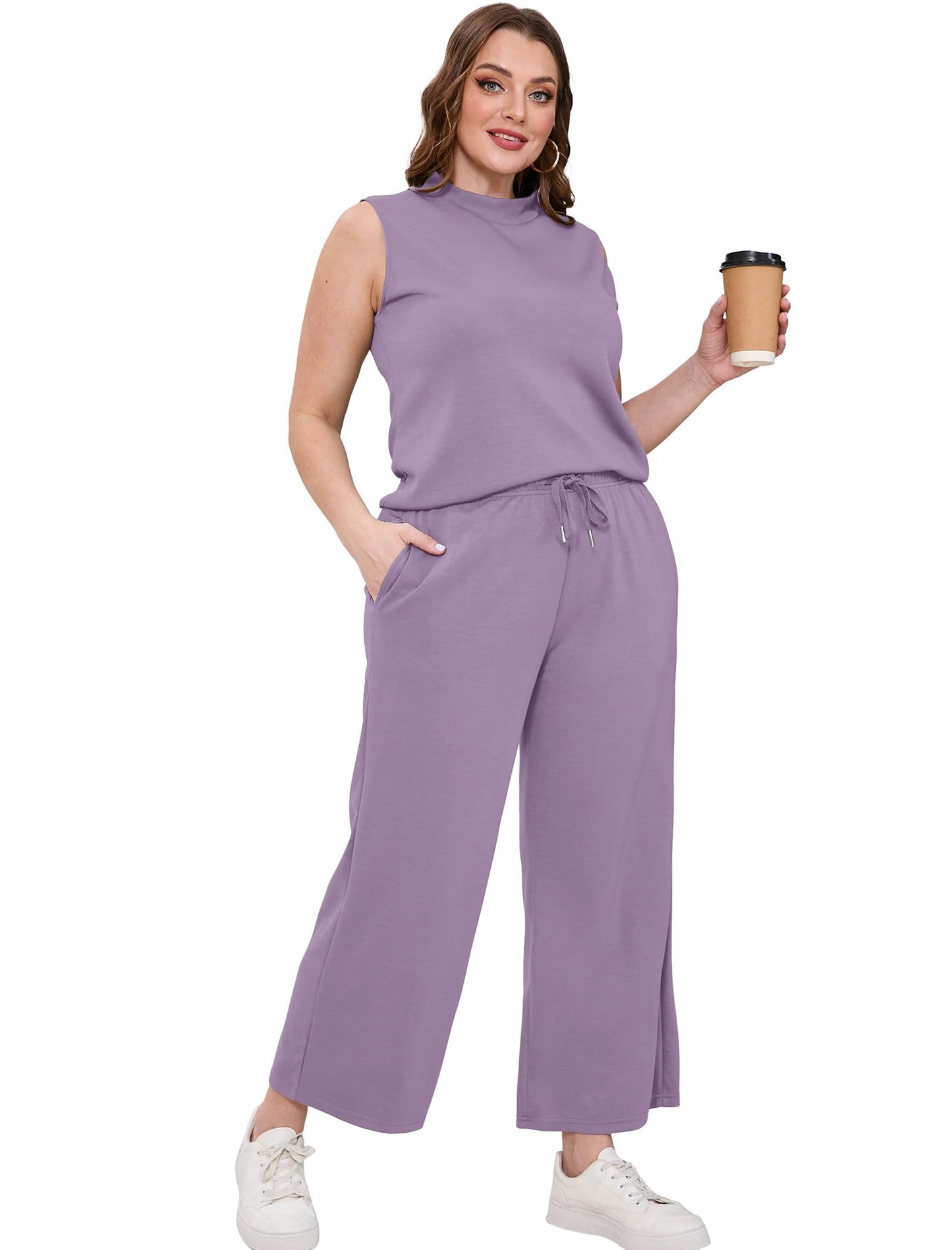 SAMPEEL Two Piece Sets for Women Summer Outfits Lounge Sets Mock Neck Tops Wide Leg Crop Pants Vacation Travel Outfits