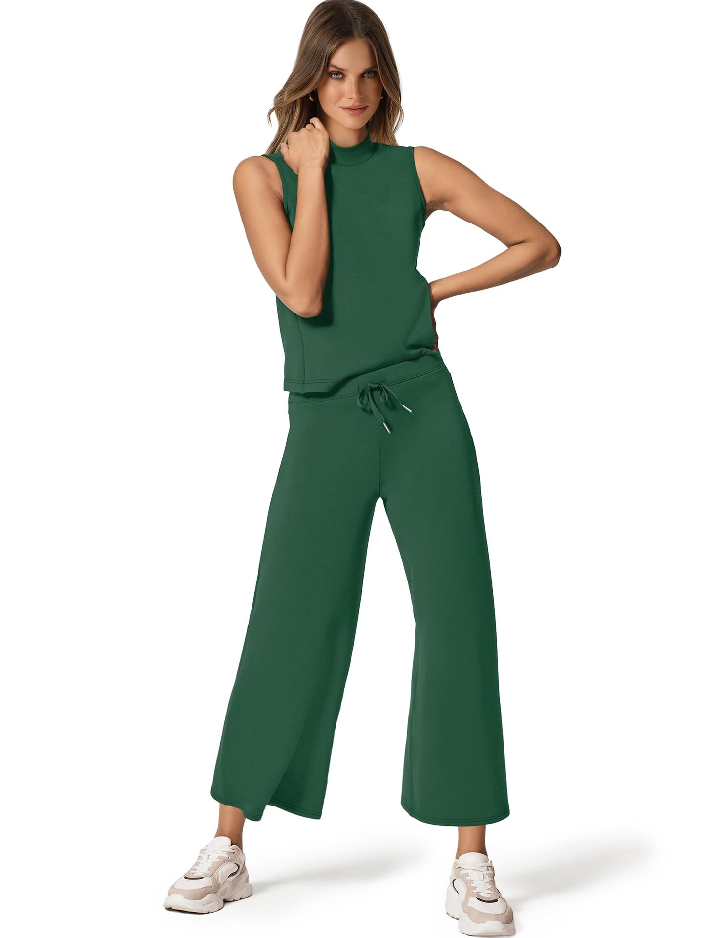 SAMPEEL Two Piece Sets for Women Summer Outfits Lounge Sets Mock Neck Tops Wide Leg Crop Pants Vacation Travel Outfits