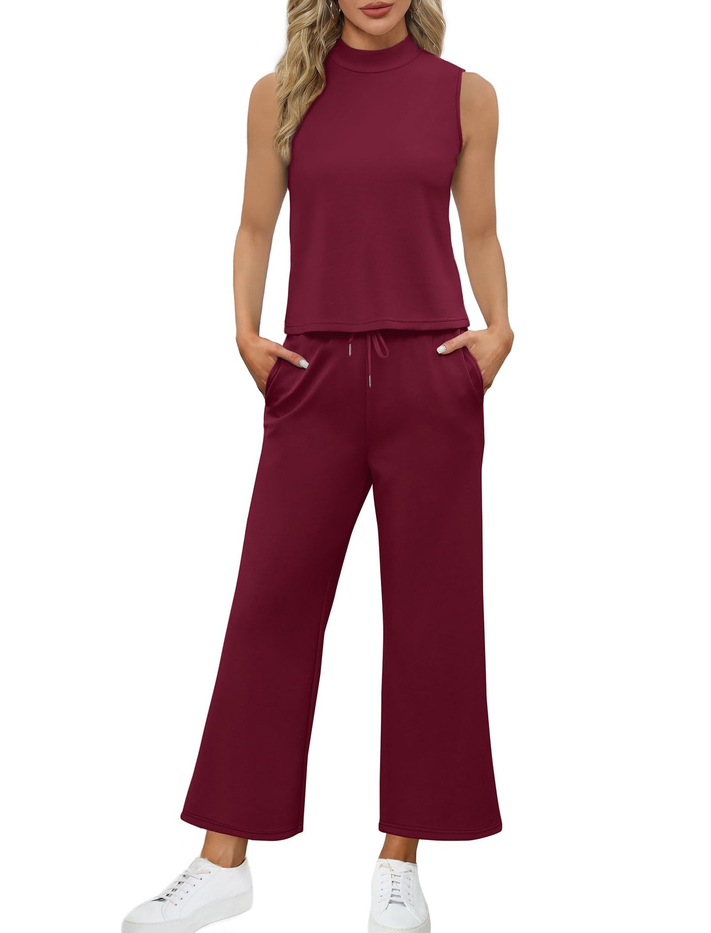 SAMPEEL Two Piece Sets for Women Summer Outfits Lounge Sets Mock Neck Tops Wide Leg Crop Pants Vacation Travel Outfits