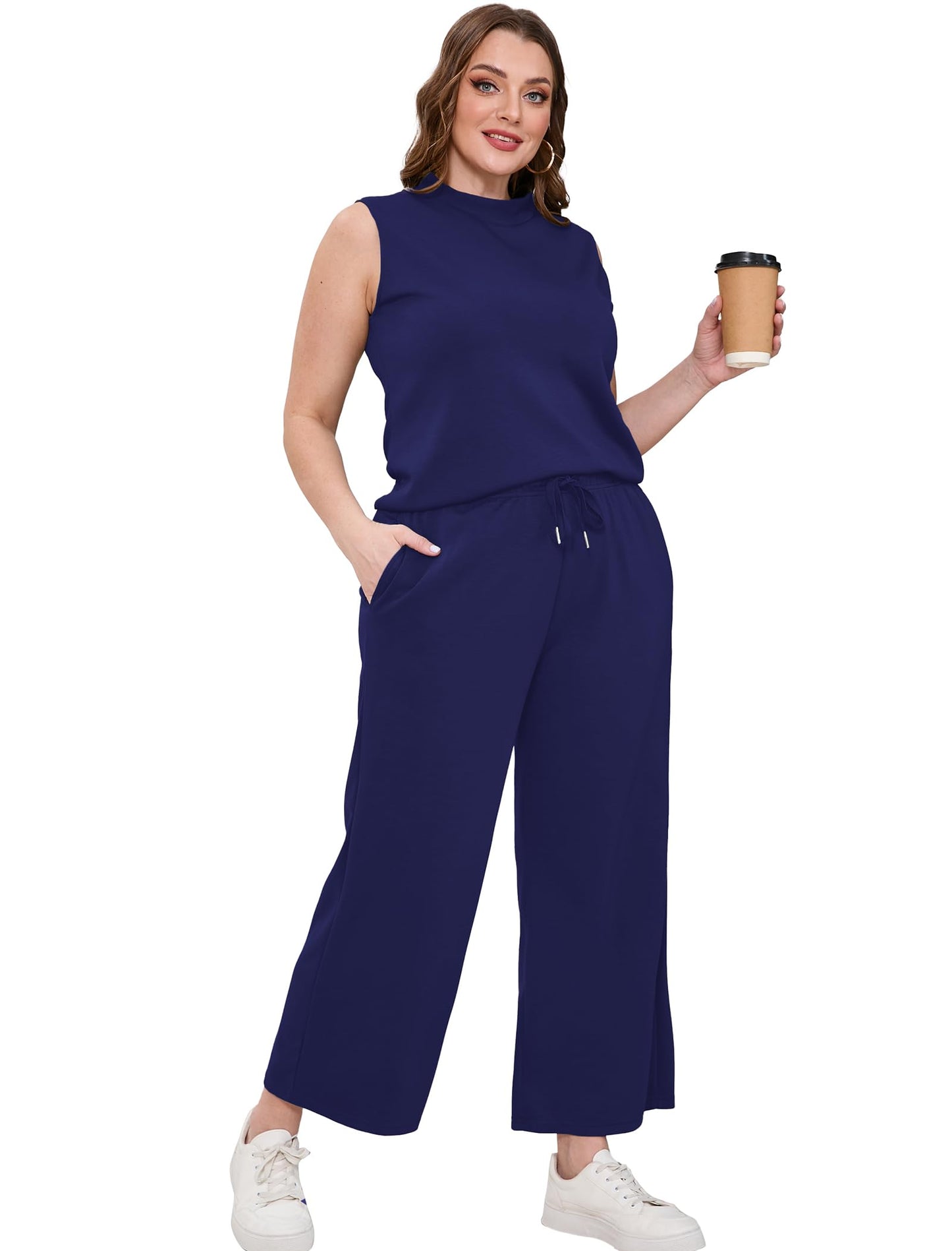 SAMPEEL Two Piece Sets for Women Summer Outfits Lounge Sets Mock Neck Tops Wide Leg Crop Pants Vacation Travel Outfits