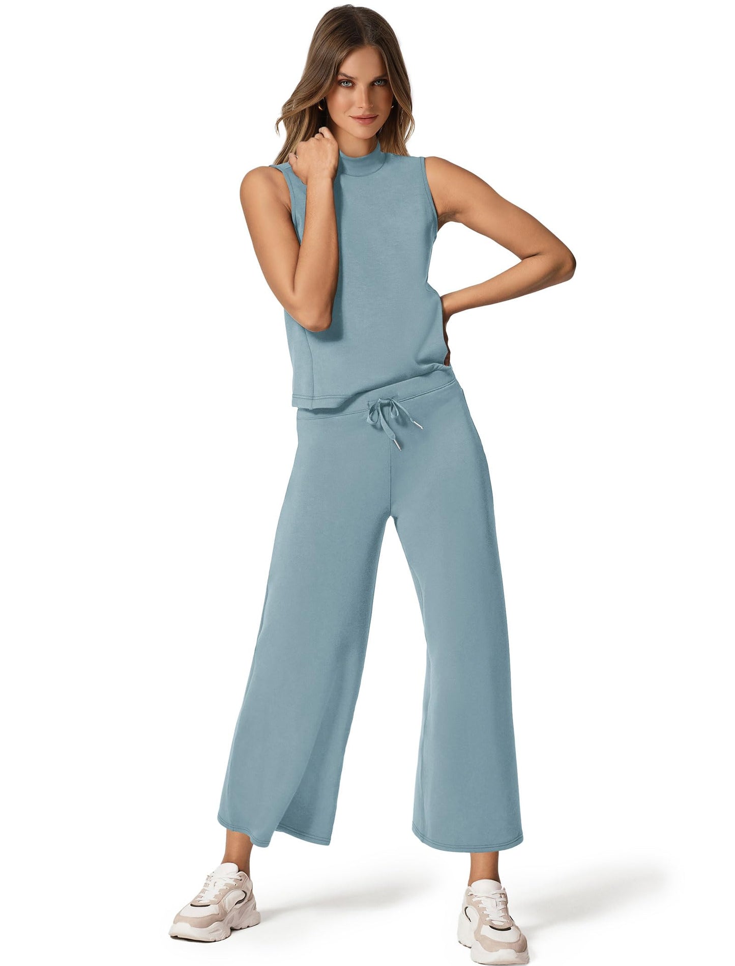 SAMPEEL Two Piece Sets for Women Summer Outfits Lounge Sets Mock Neck Tops Wide Leg Crop Pants Vacation Travel Outfits