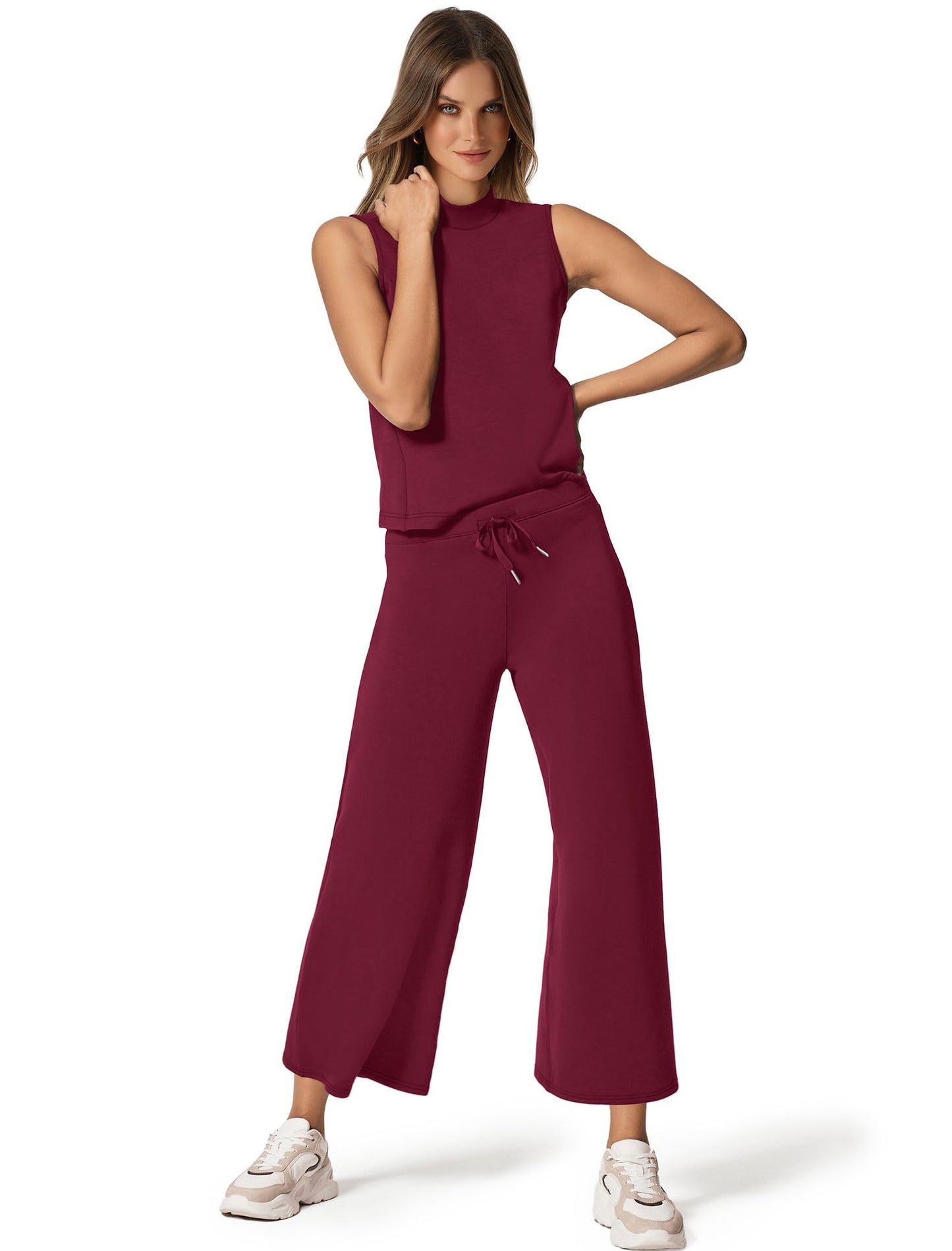 SAMPEEL Two Piece Sets for Women Summer Outfits Lounge Sets Mock Neck Tops Wide Leg Crop Pants Vacation Travel Outfits