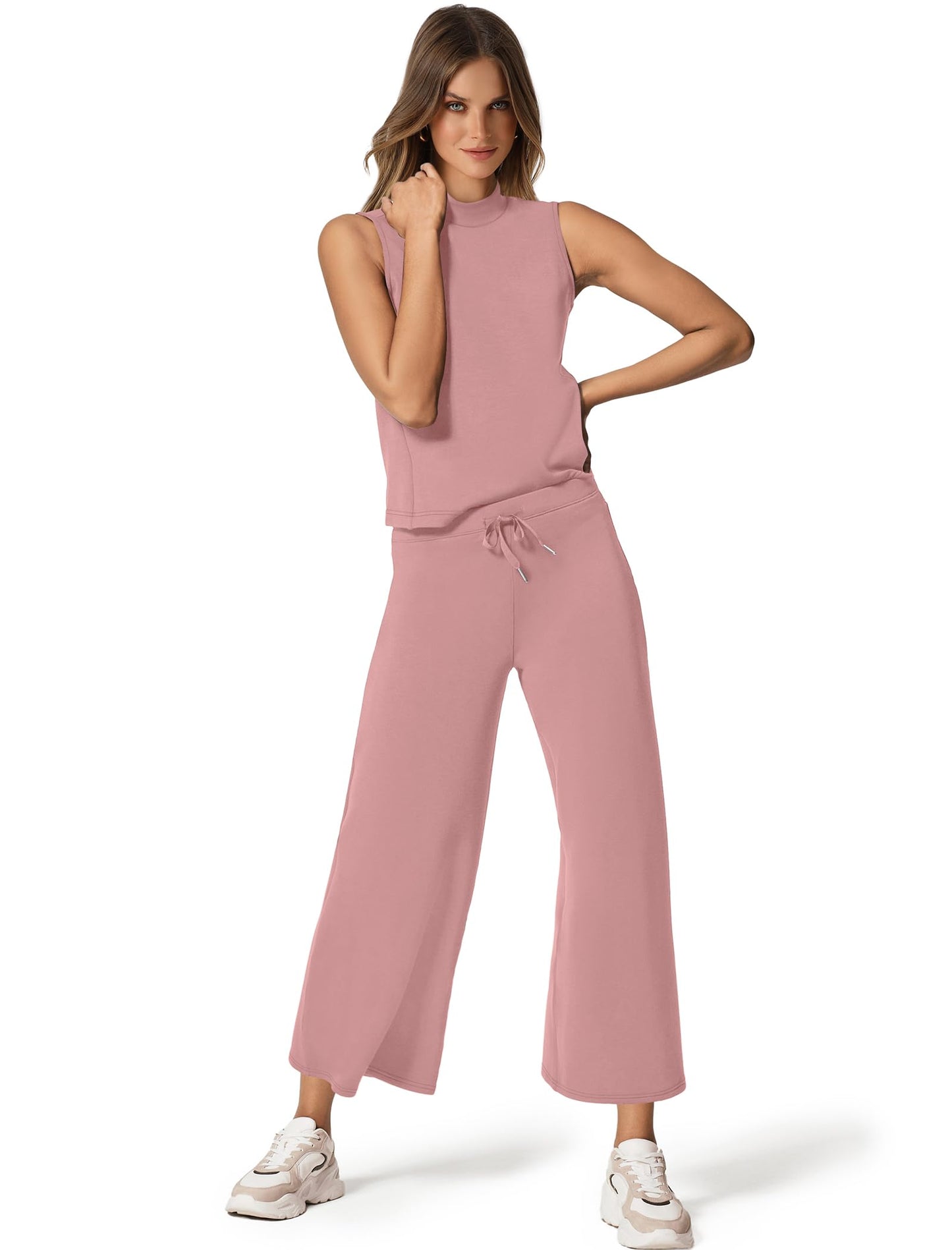 SAMPEEL Two Piece Sets for Women Summer Outfits Lounge Sets Mock Neck Tops Wide Leg Crop Pants Vacation Travel Outfits