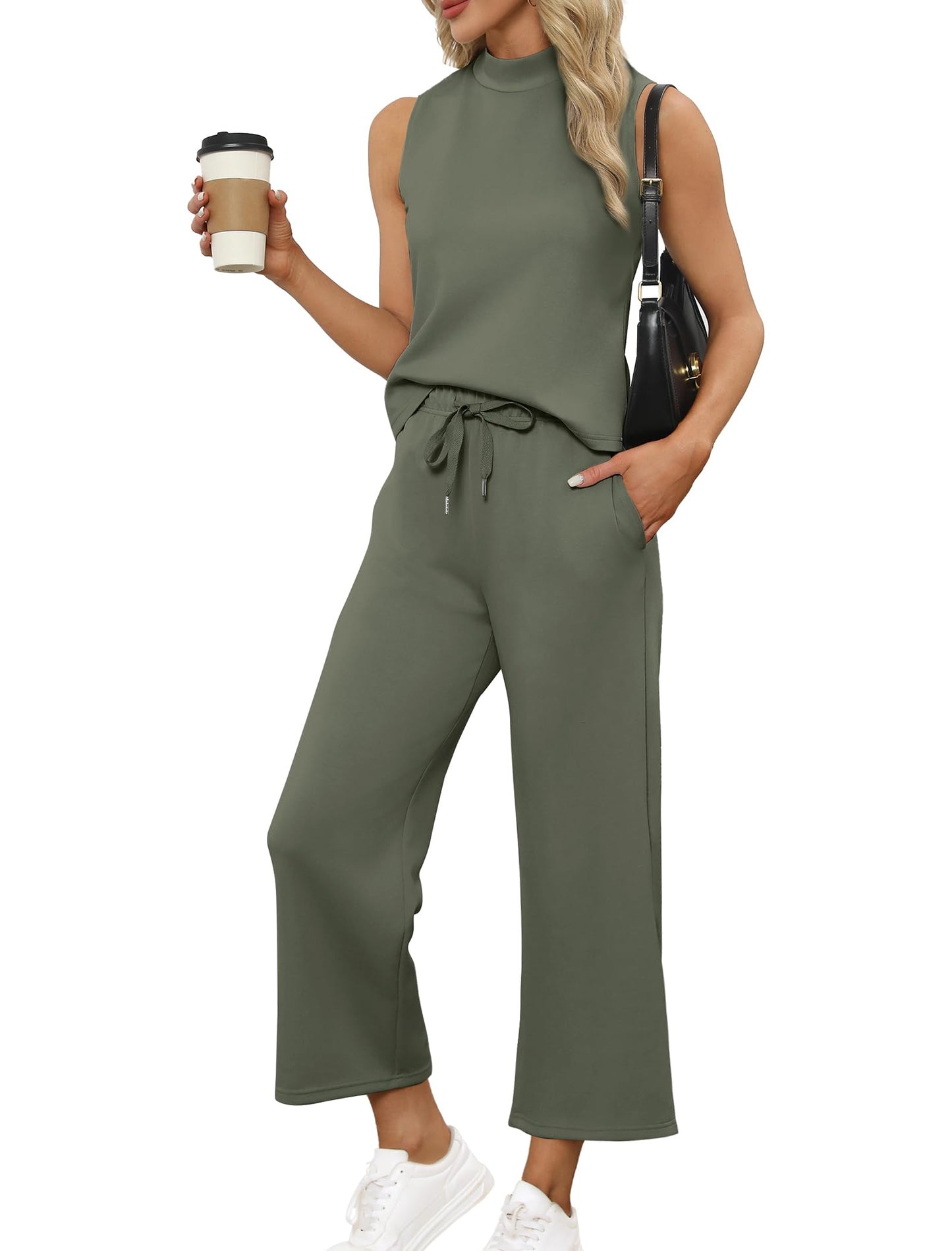 SAMPEEL Two Piece Sets for Women Summer Outfits Lounge Sets Mock Neck Tops Wide Leg Crop Pants Vacation Travel Outfits