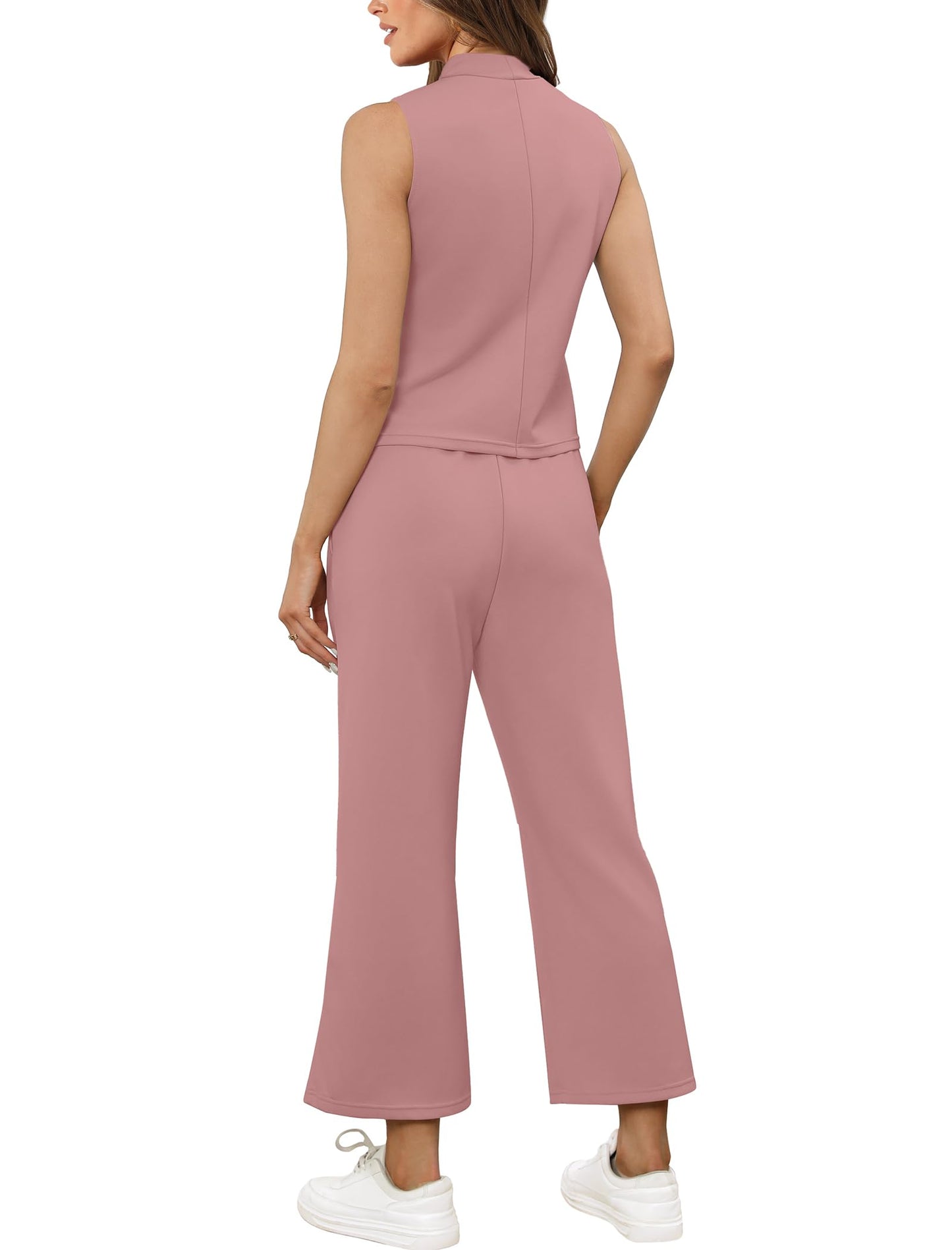 SAMPEEL Two Piece Sets for Women Summer Outfits Lounge Sets Mock Neck Tops Wide Leg Crop Pants Vacation Travel Outfits