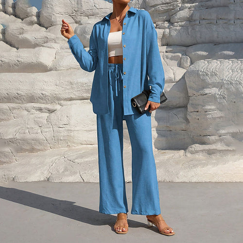 Women Solid Color Lapel Long Sleeve Pants Set - Button-Up Casual