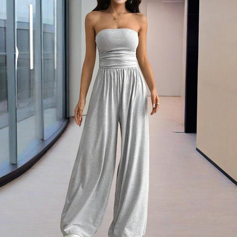 Women Solid Color Strapless Jumpsuit Wide-Leg Palazzo Pants With