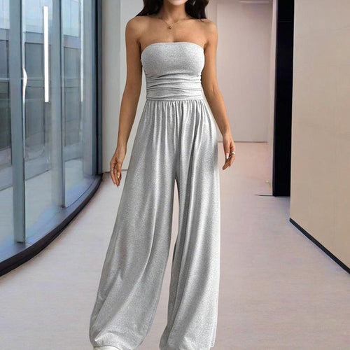 Women Solid Color Strapless Jumpsuit Wide-Leg Palazzo Pants With