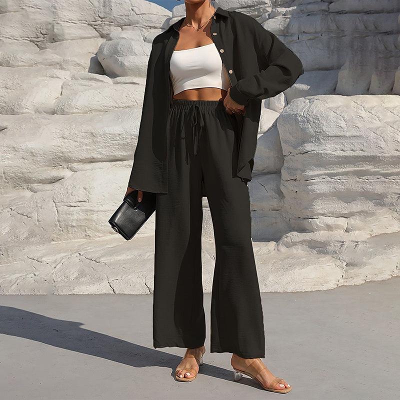 Women Solid Color Lapel Long Sleeve Pants Set - Button-Up Casual