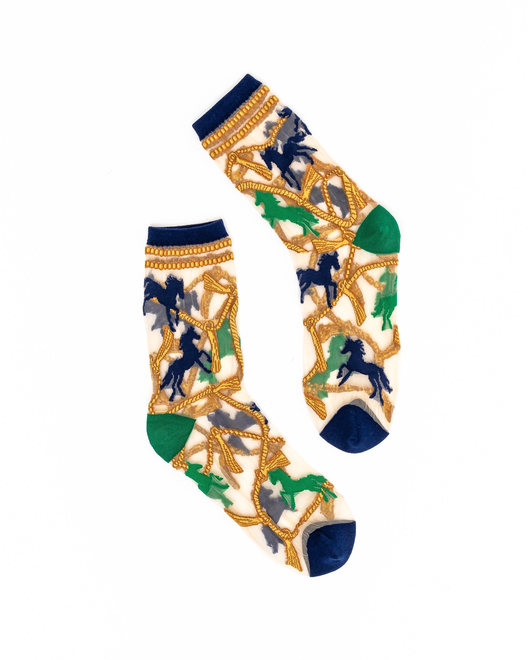Horses and Chains Sheer Crew Sock Green Navy Gold Tassels