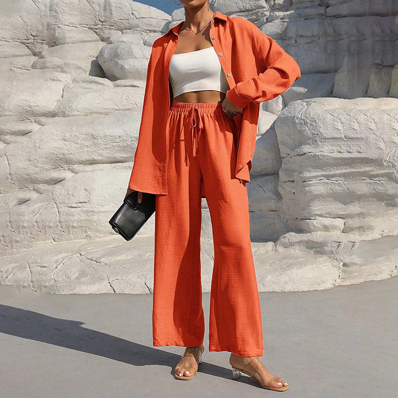 Women Solid Color Lapel Long Sleeve Pants Set - Button-Up Casual