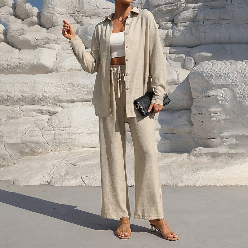 Women Solid Color Lapel Long Sleeve Pants Set - Button-Up Casual