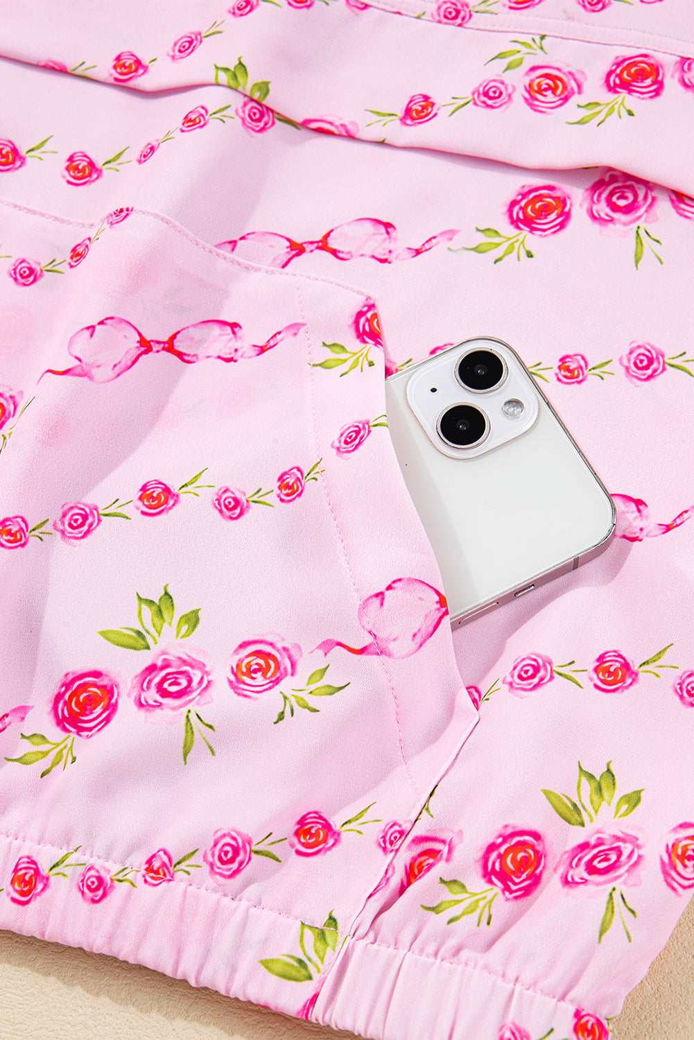 Pink Floral Print Half Zip Drawstring Hoodie Kangaroo Pouch