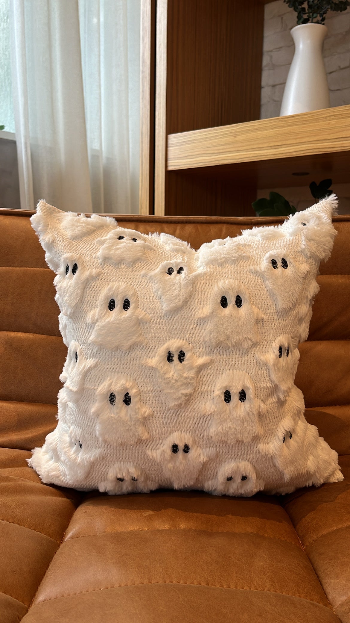 Spooky White Ghost Faux Fur Pillow Cover 18 Inch Halloween