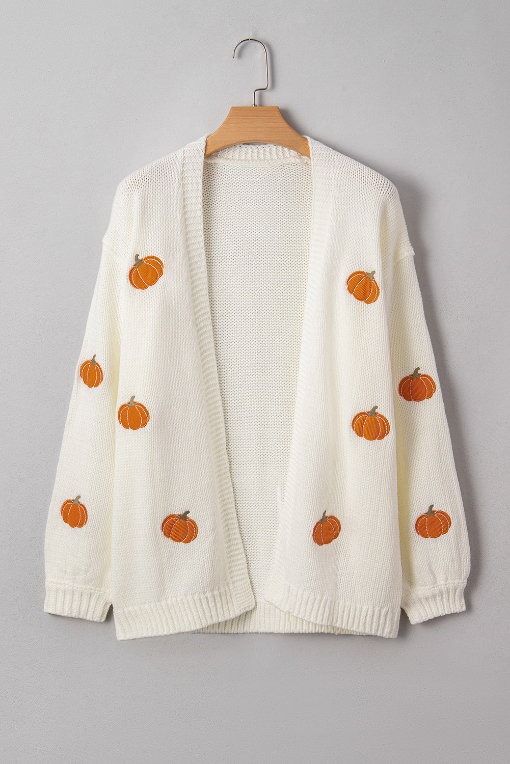 White Pumpkin Print Open Front Drop Shoulder Knit Cardigan *NEW* Shipping earliest date is 9/10