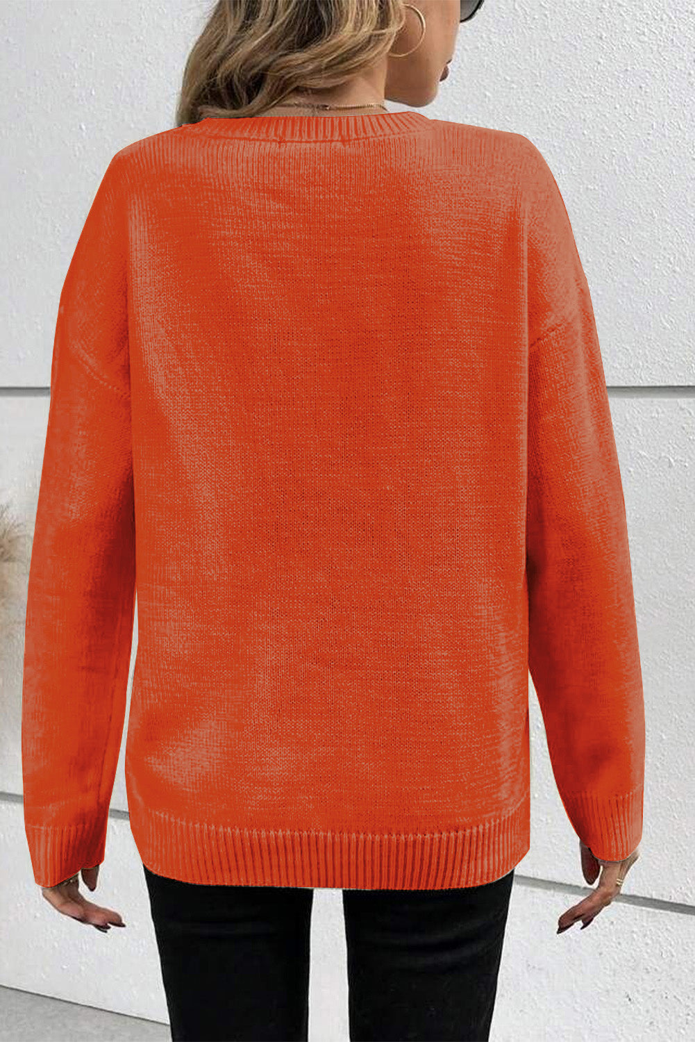 Orange Halloween Boo Drop Shoulder Knit Sweater Cozy Warm
