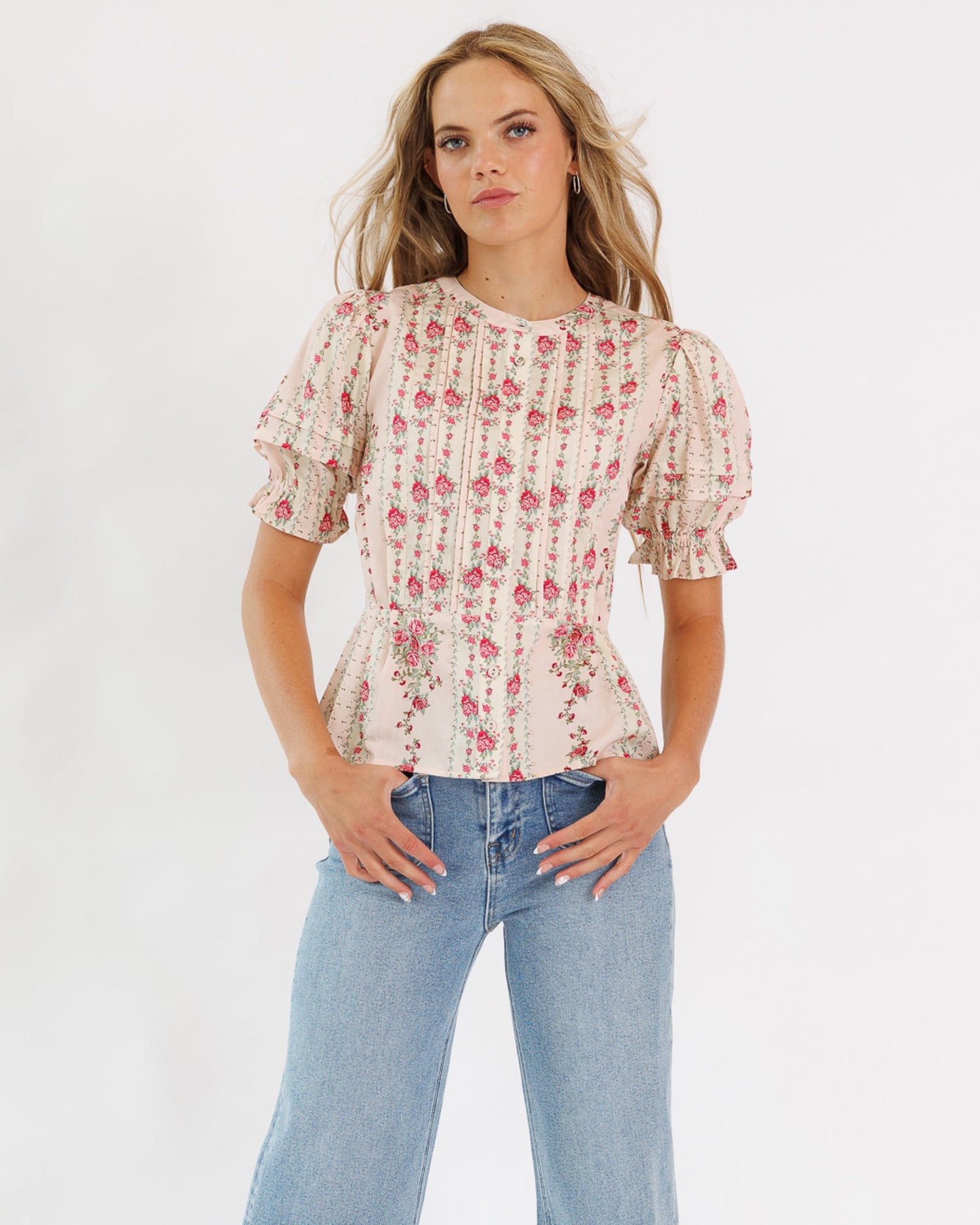Deidra Blouse Cotton Round Neck Button Down Pintucks