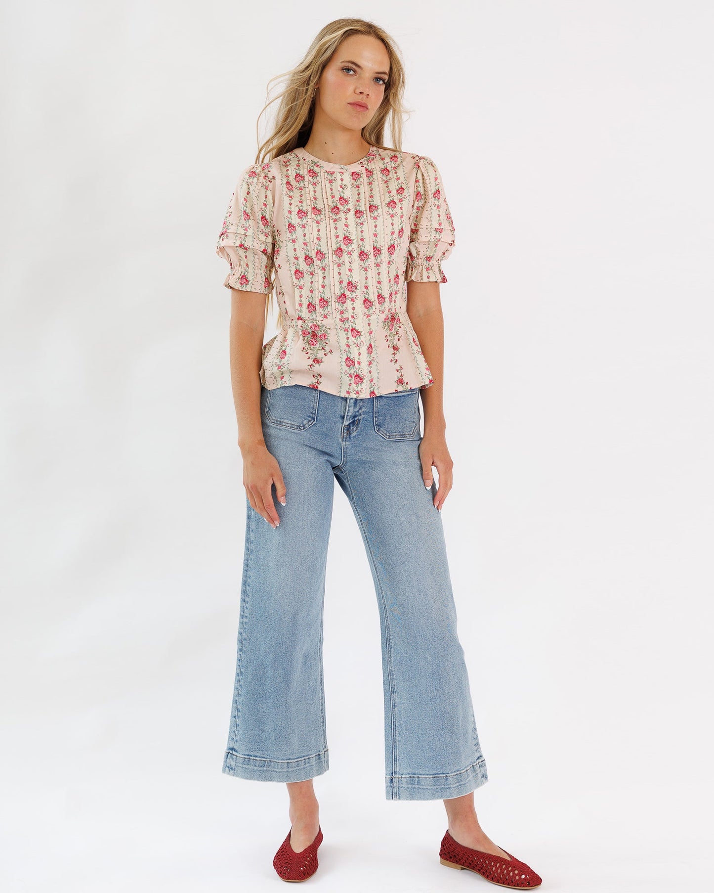 Deidra Blouse Cotton Round Neck Button Down Pintucks