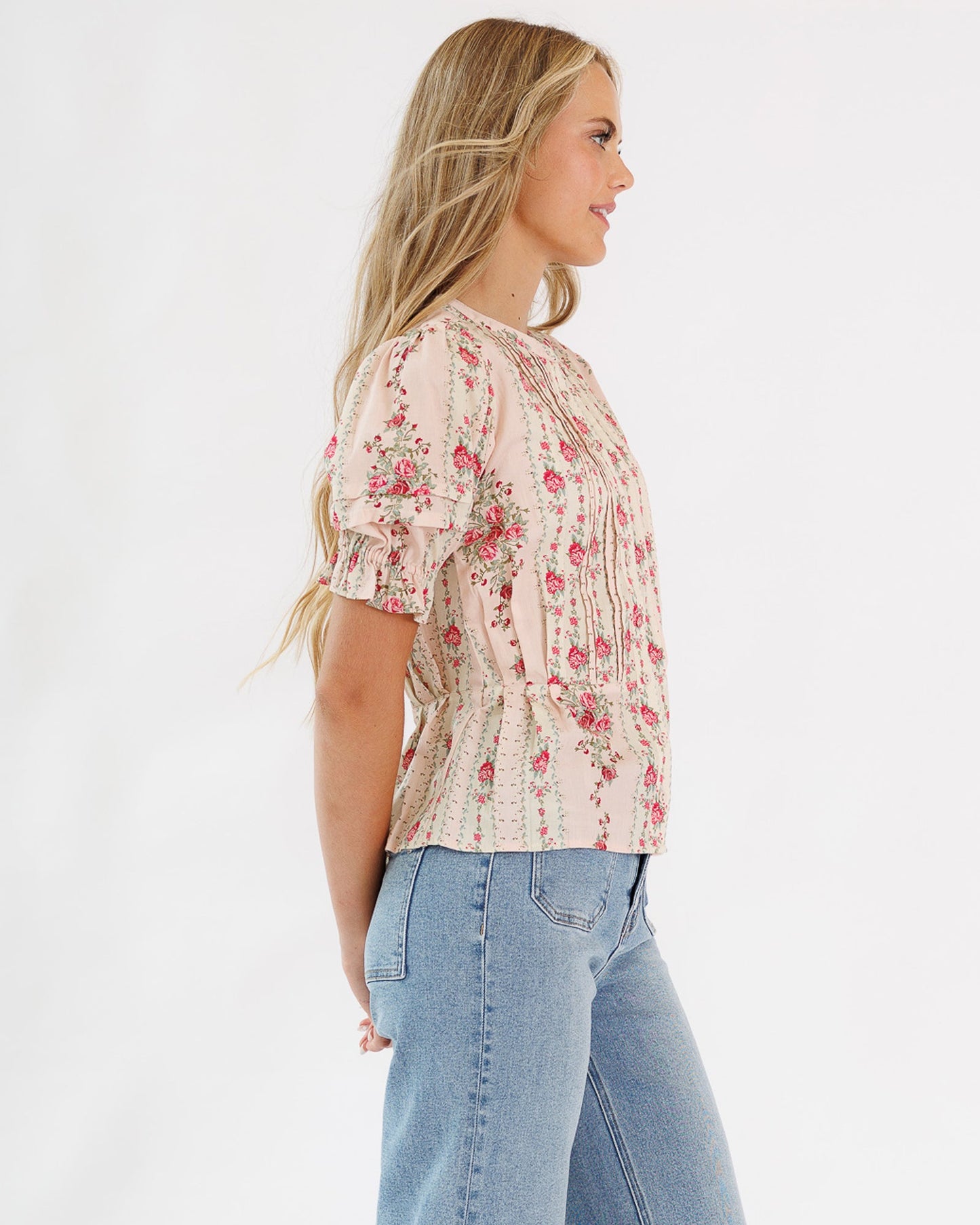 Deidra Blouse Cotton Round Neck Button Down Pintucks