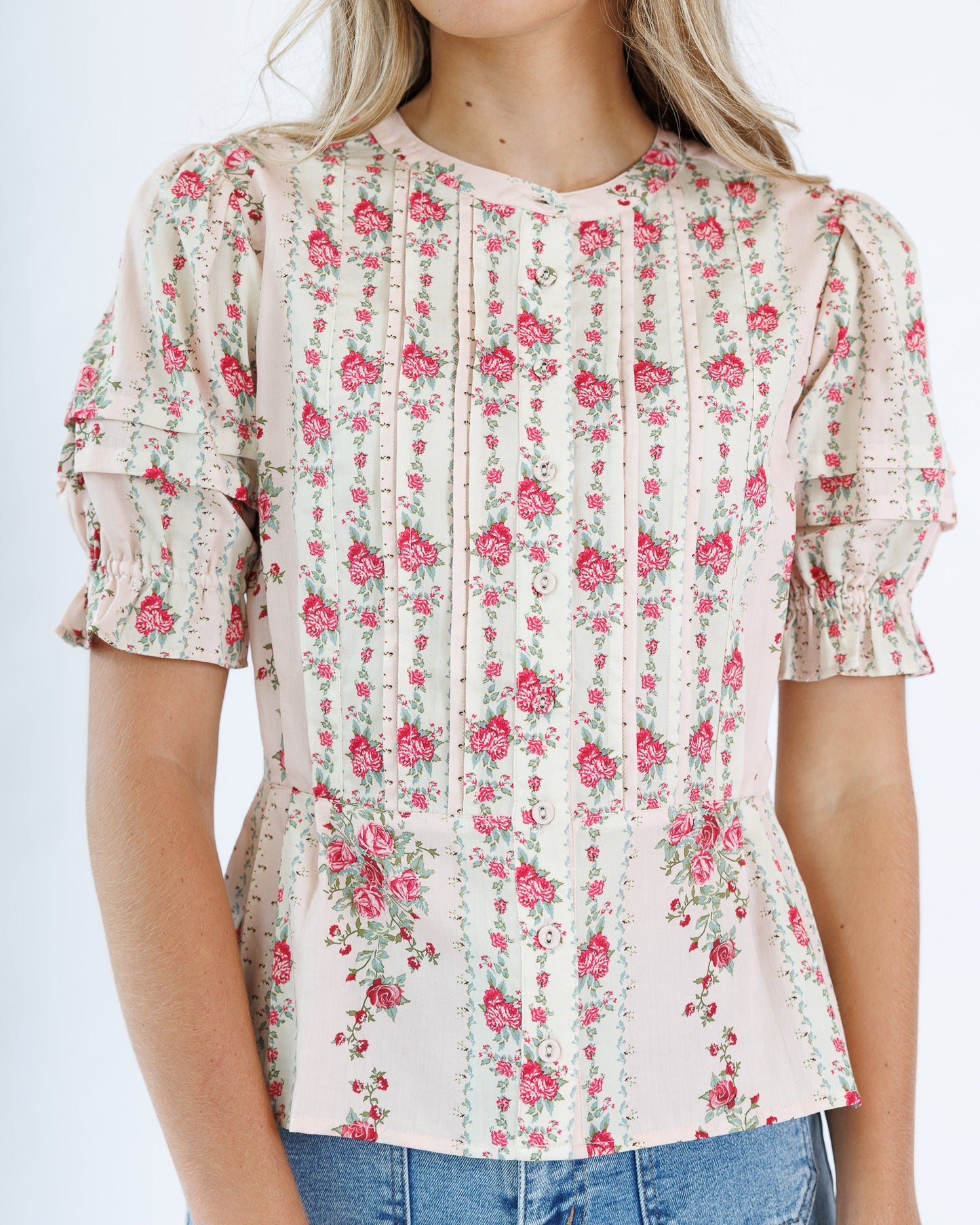 Deidra Blouse Cotton Round Neck Button Down Pintucks
