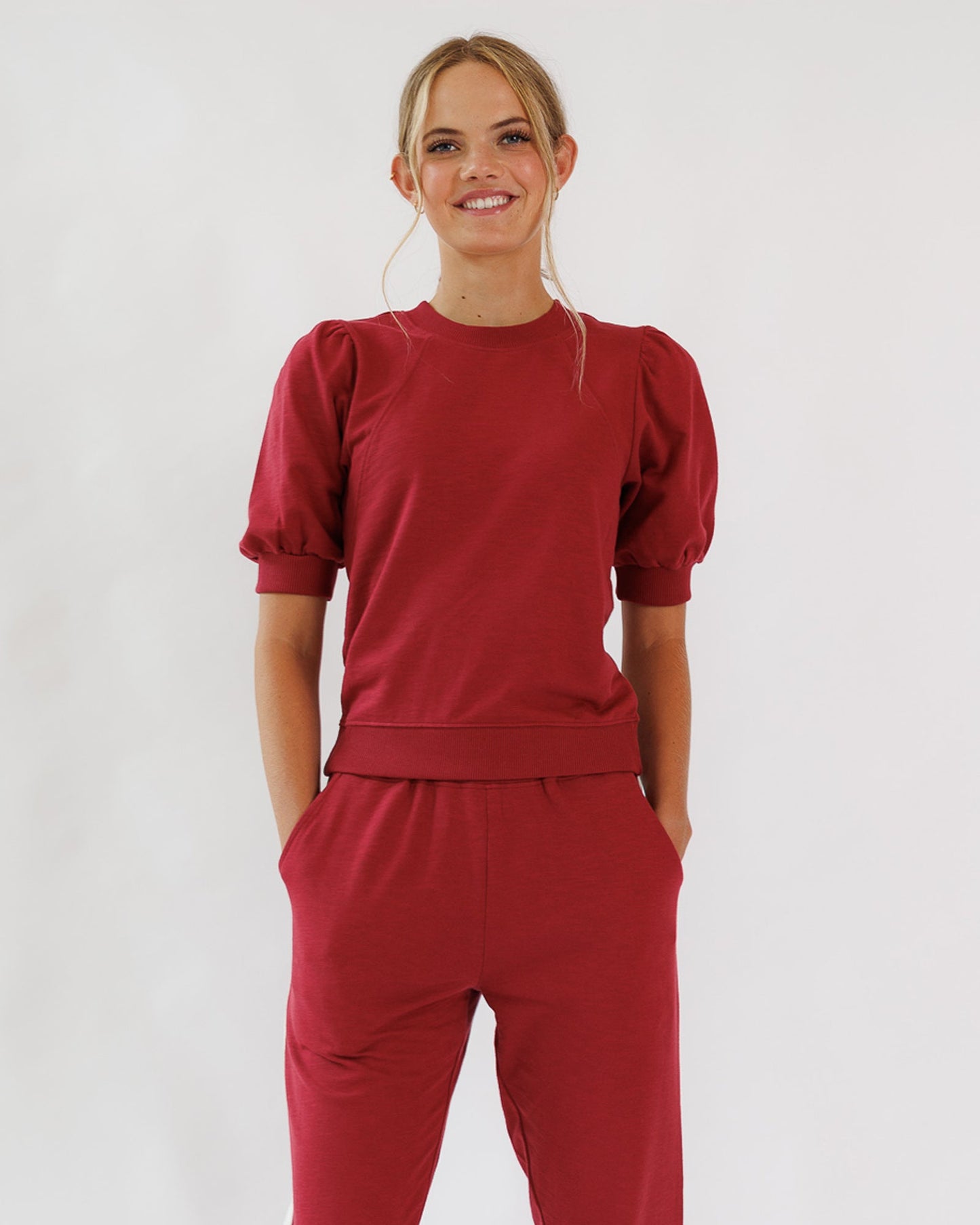 Palisades Top Short Puffed Sleeve Banded Cotton Blouse
