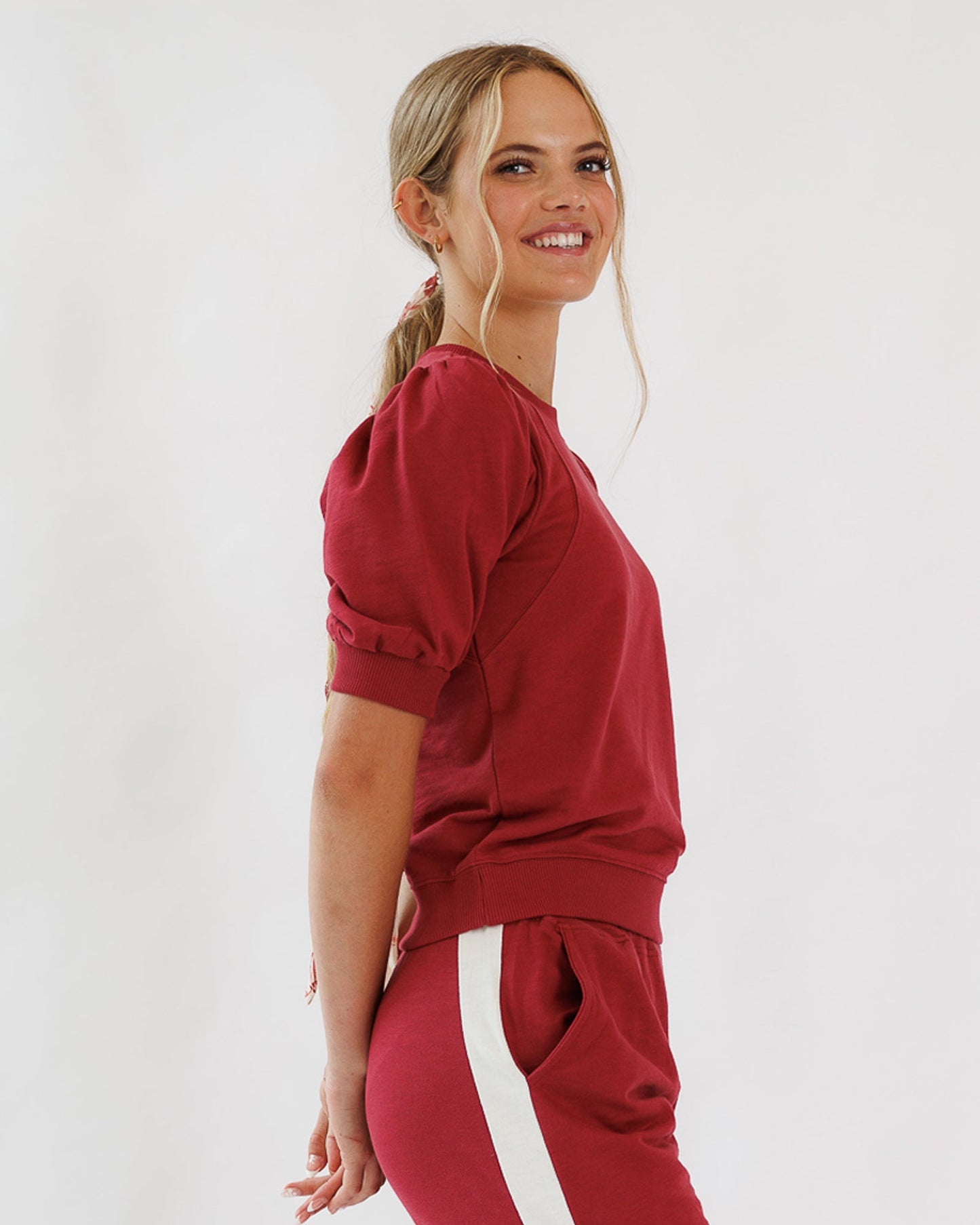 Palisades Top Short Puffed Sleeve Banded Cotton Blouse