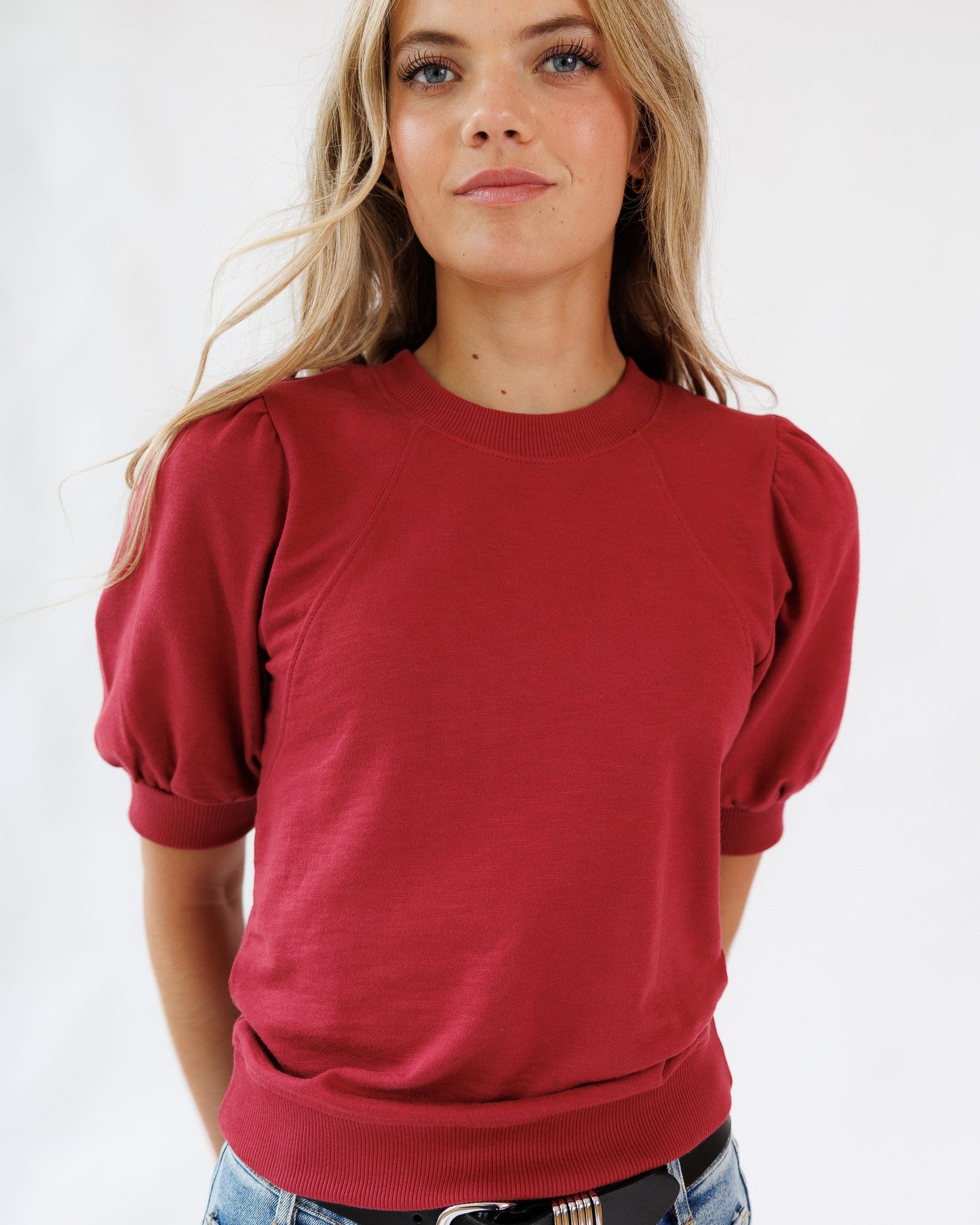 Palisades Top Short Puffed Sleeve Banded Cotton Blouse