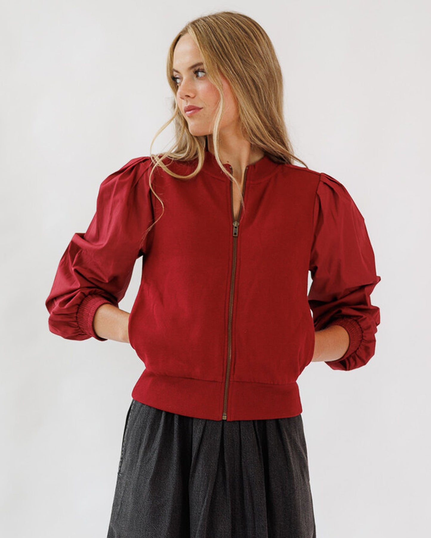 New Haven Hybrid Zip Up Cardigan With Puffed Sleeves