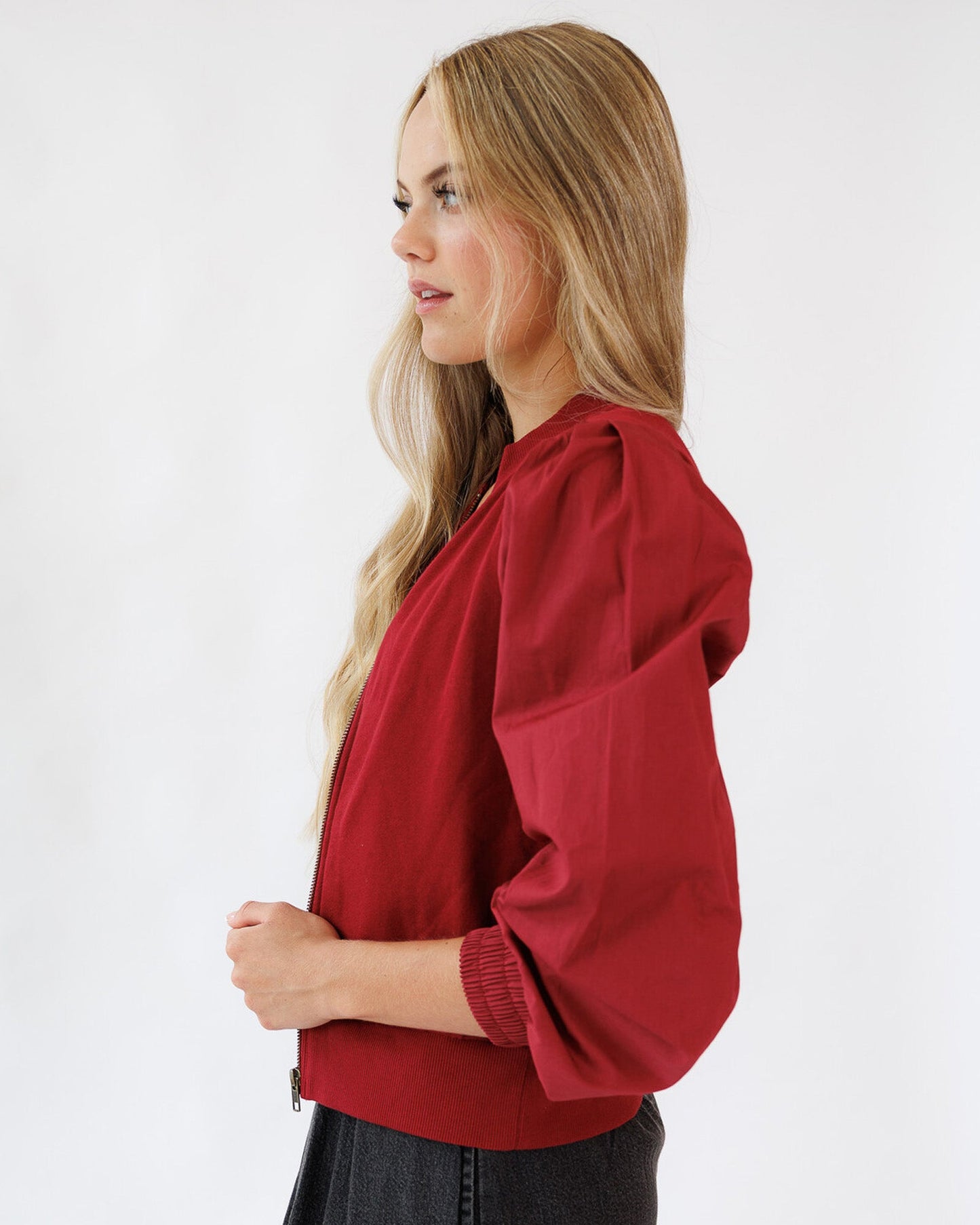 New Haven Hybrid Zip Up Cardigan With Puffed Sleeves