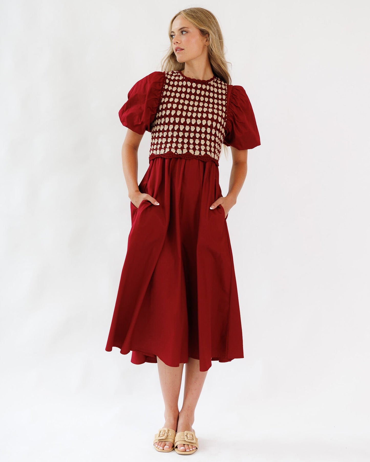 Elevate Dress Set Midi A Line Bubble Sleeves Vest Included