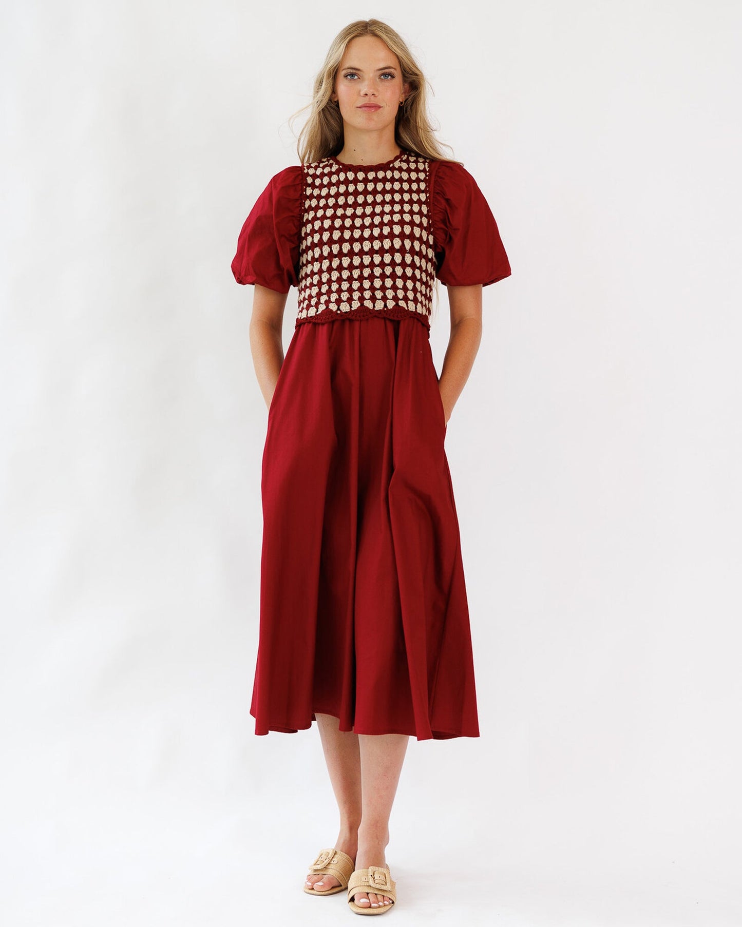 Elevate Dress Set Midi A Line Bubble Sleeves Vest Included
