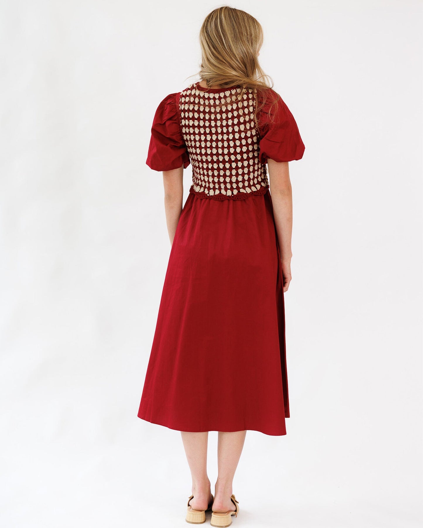 Elevate Dress Set Midi A Line Bubble Sleeves Vest Included