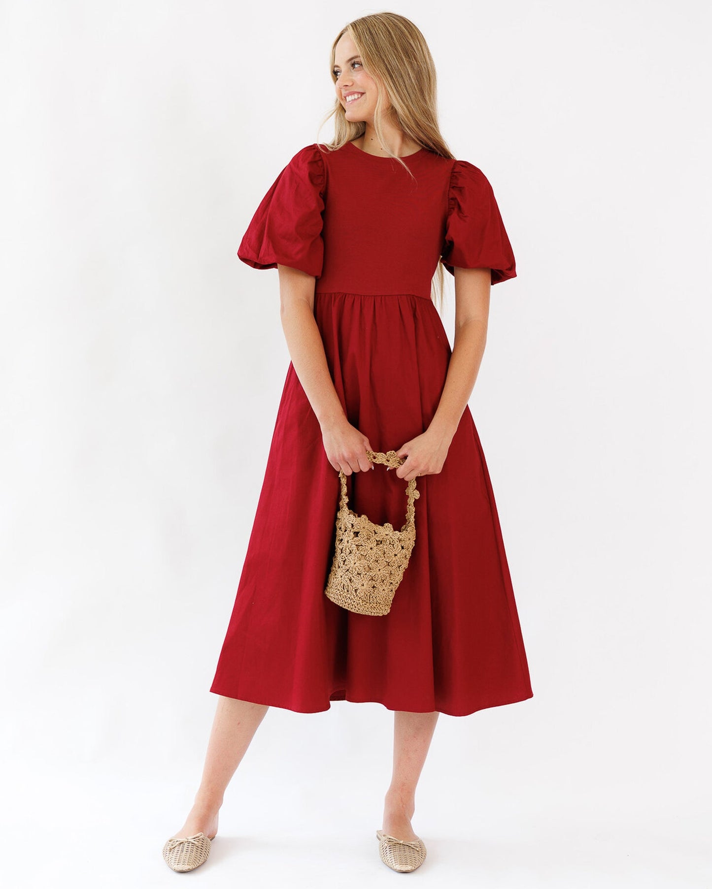Elevate Dress Set Midi A Line Bubble Sleeves Vest Included