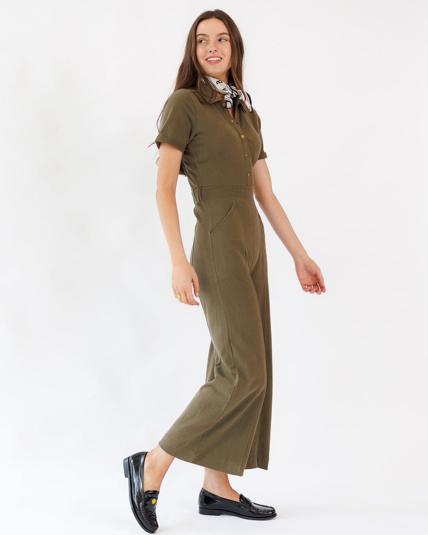 Go To Jumpsuit Cotton Collared Back Elastic Waist Pockets