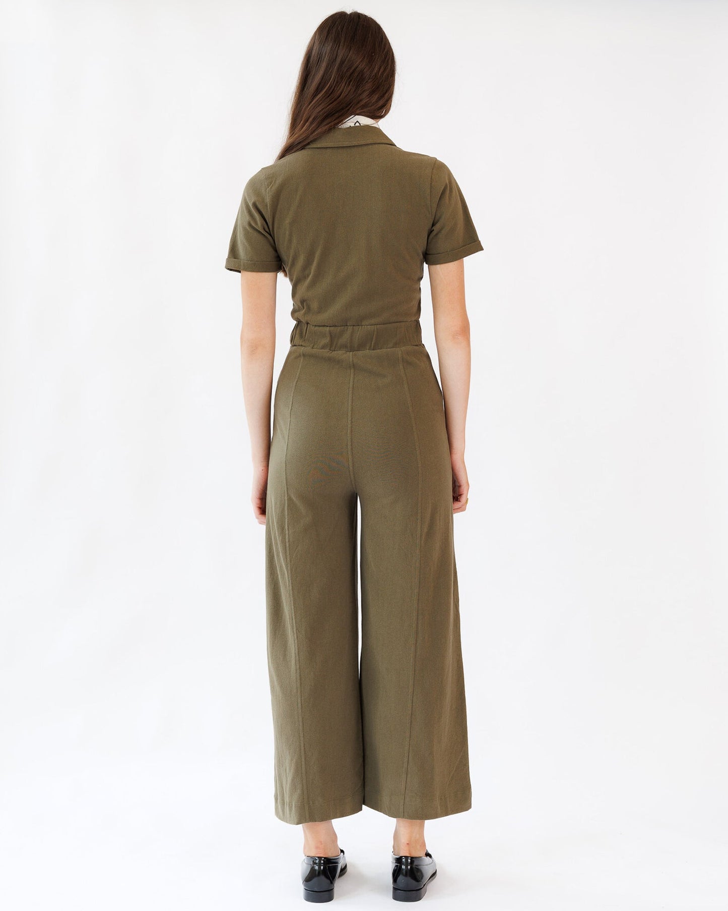 Go To Jumpsuit Cotton Collared Back Elastic Waist Pockets