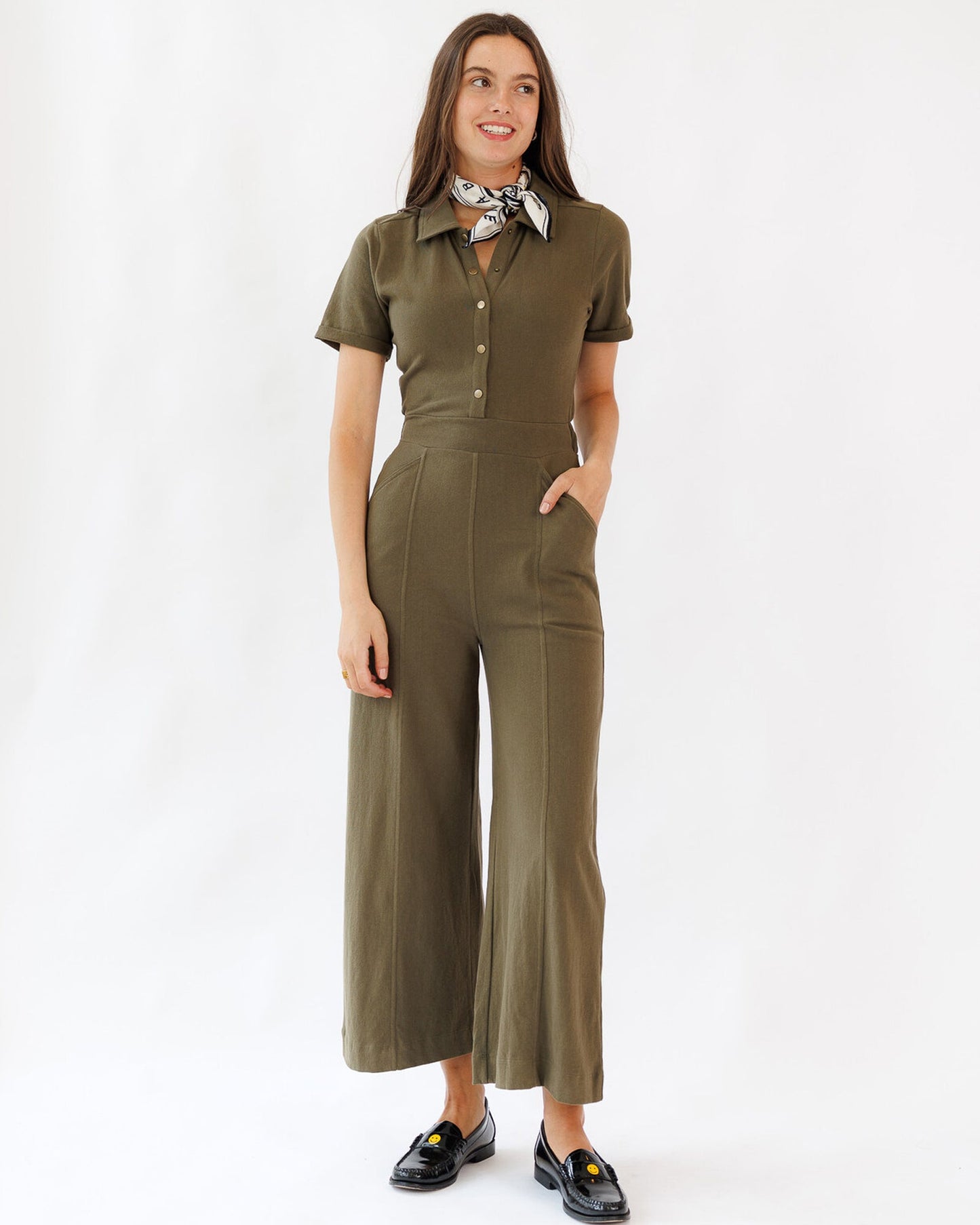 Go To Jumpsuit Cotton Collared Back Elastic Waist Pockets