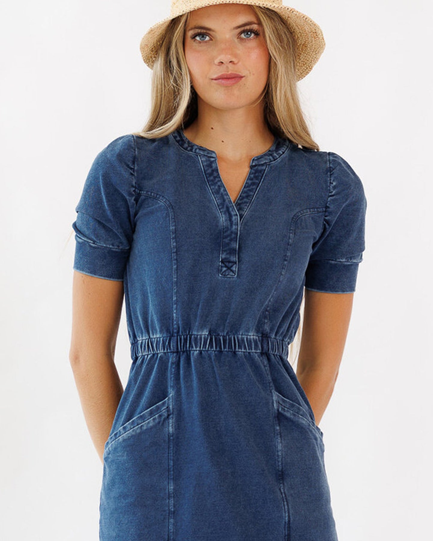 Simply The Best Denim Knit A Line Dress With Pockets
