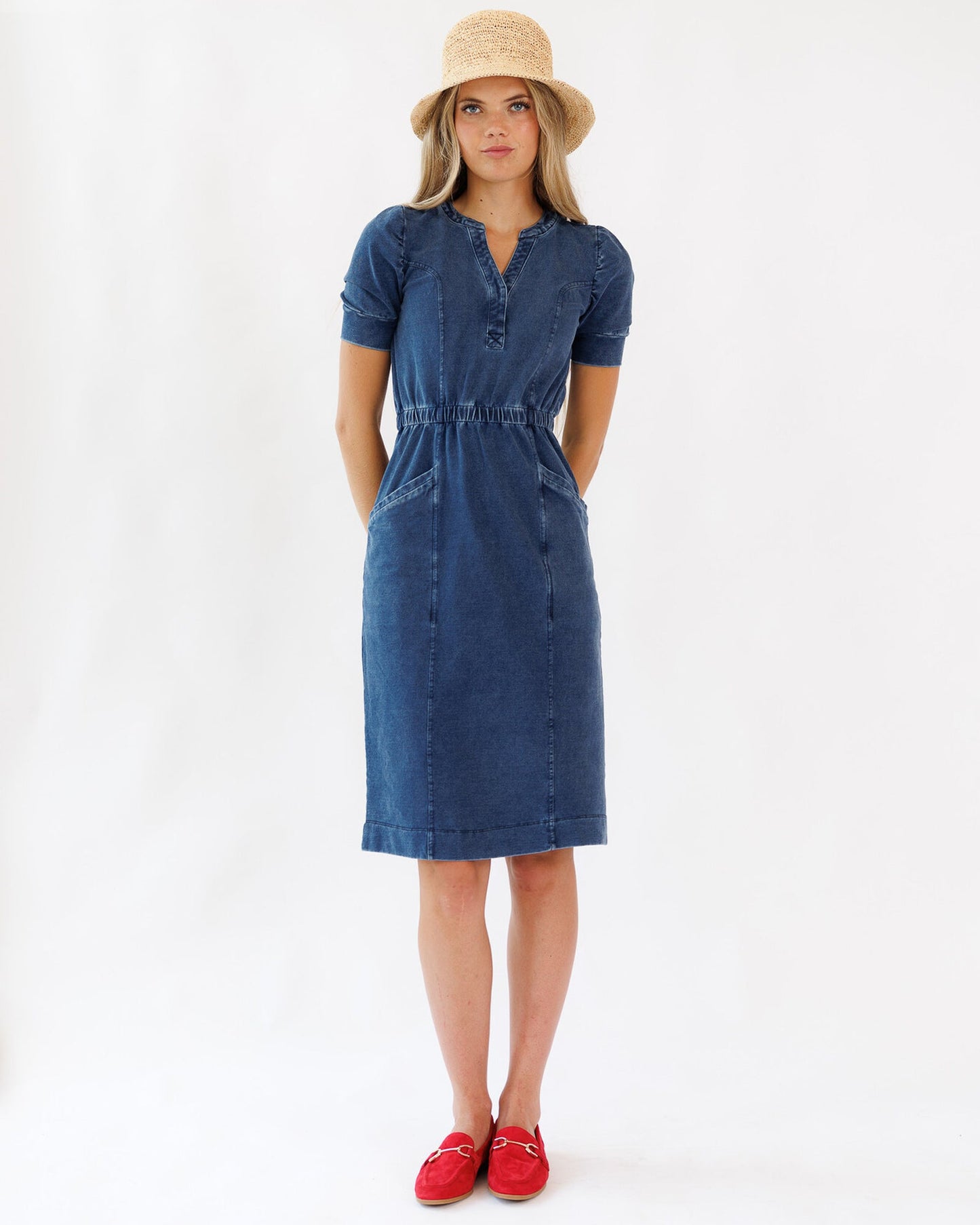 Simply The Best Denim Knit A Line Dress With Pockets
