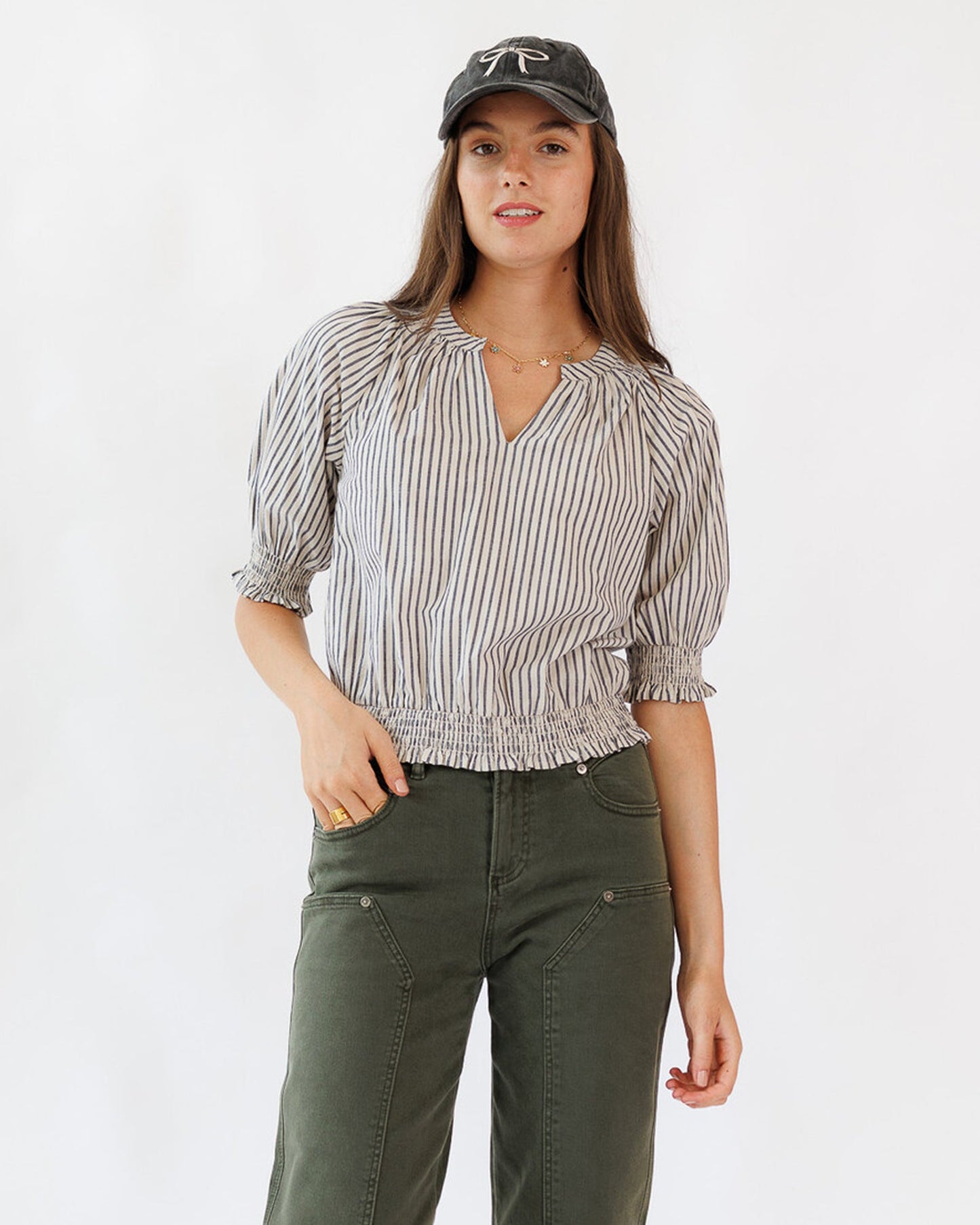 Penelope Top Split Neckline Tie Smocked Cotton Blouse