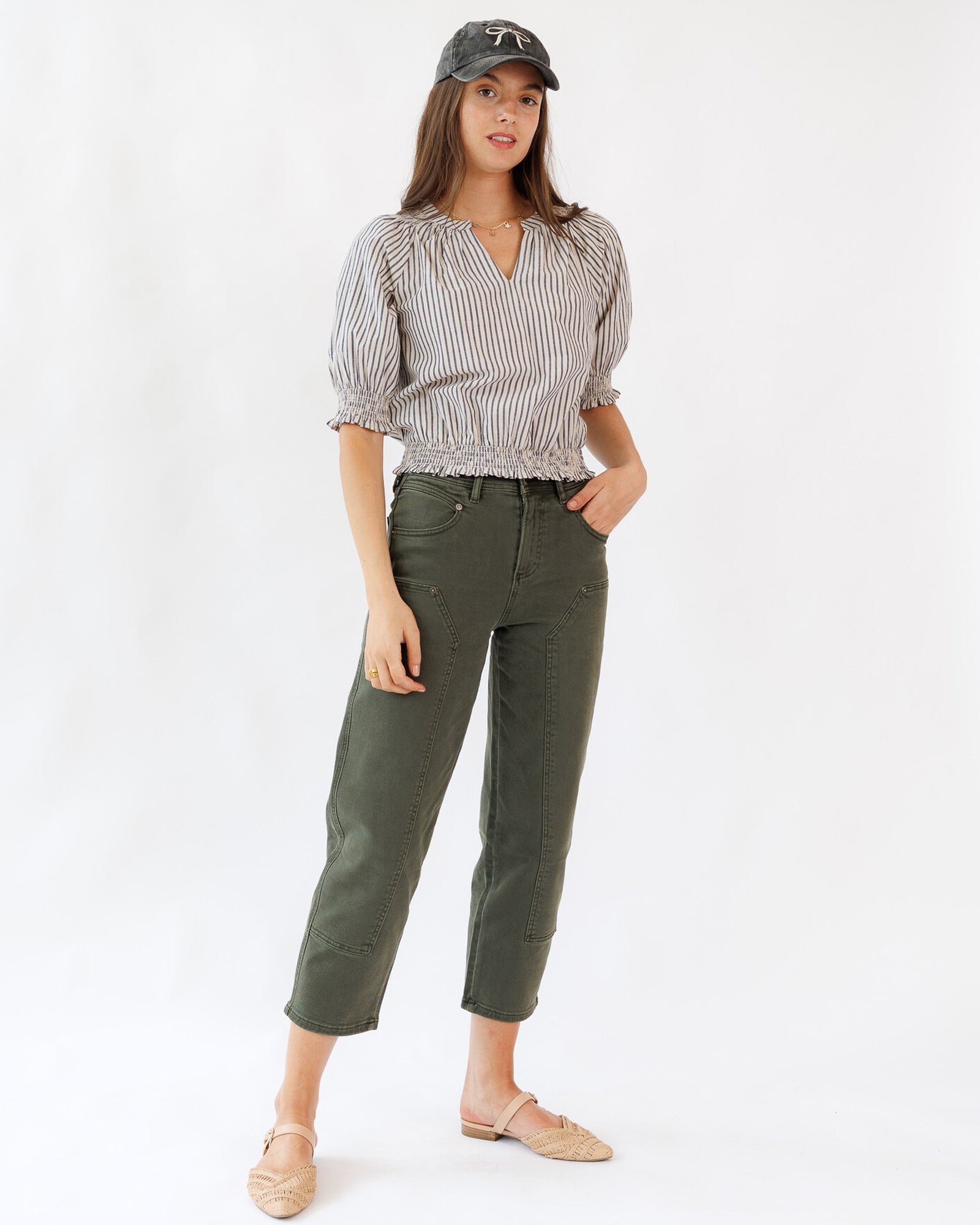 Penelope Top Split Neckline Tie Smocked Cotton Blouse