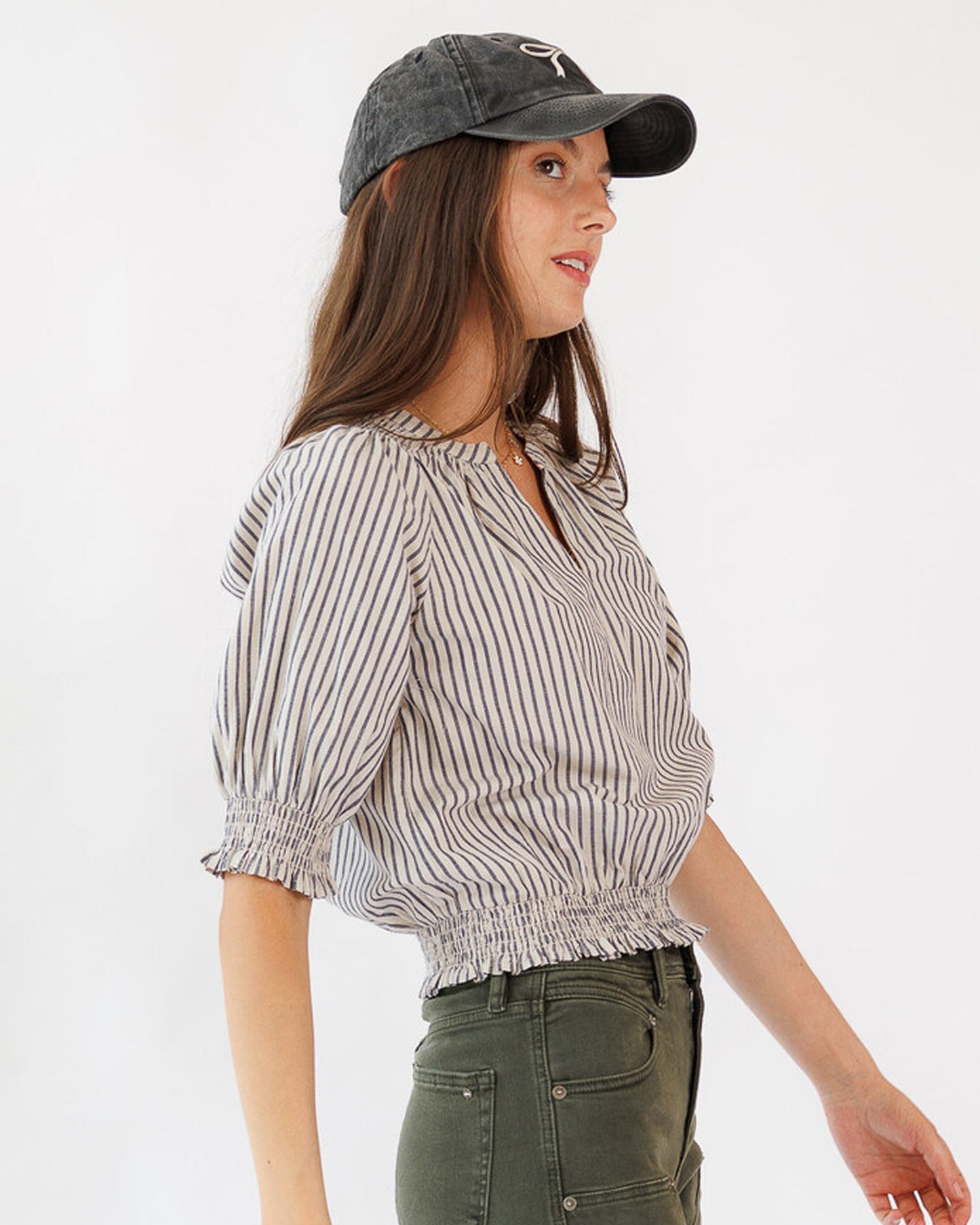 Penelope Top Split Neckline Tie Smocked Cotton Blouse