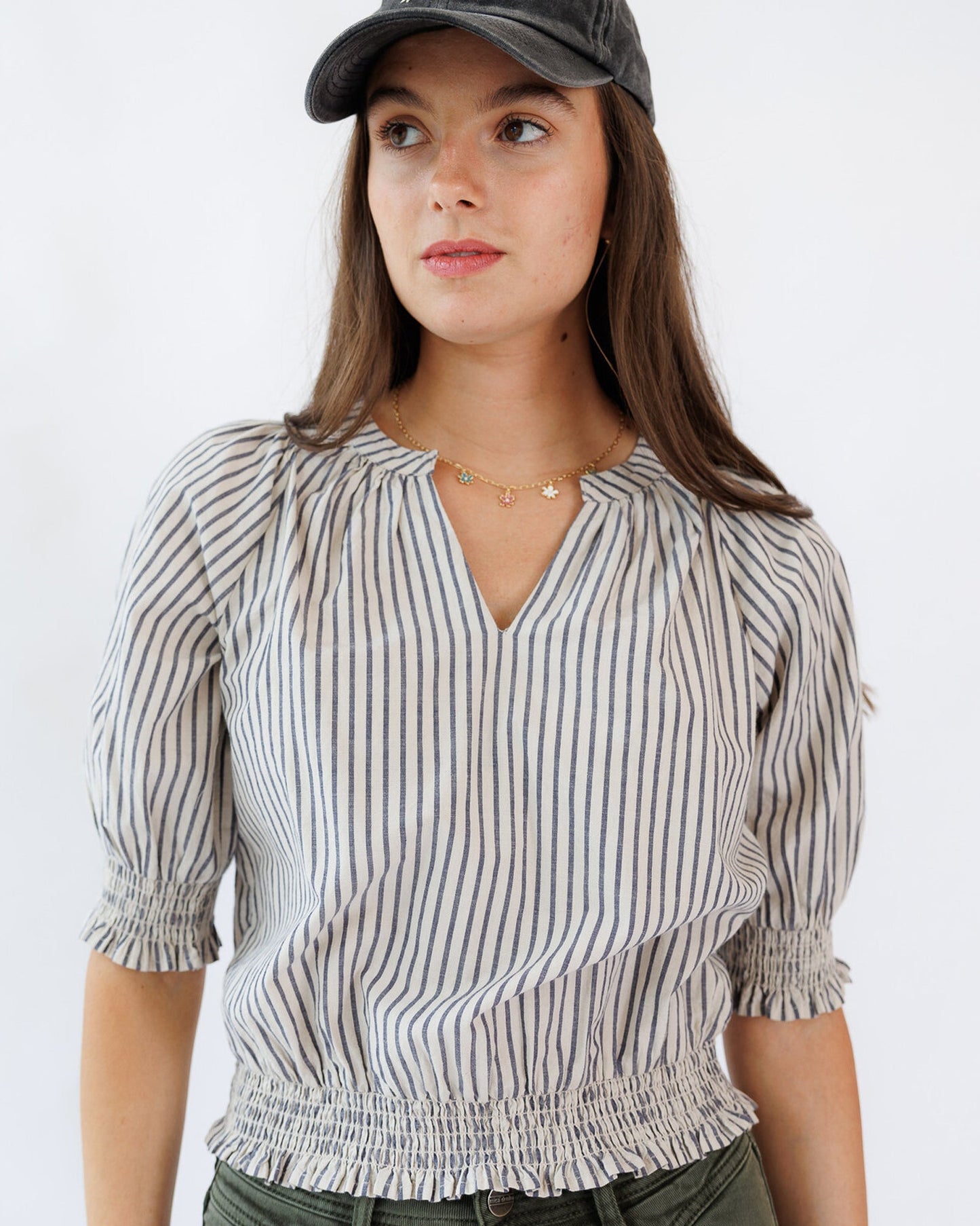 Penelope Top Split Neckline Tie Smocked Cotton Blouse