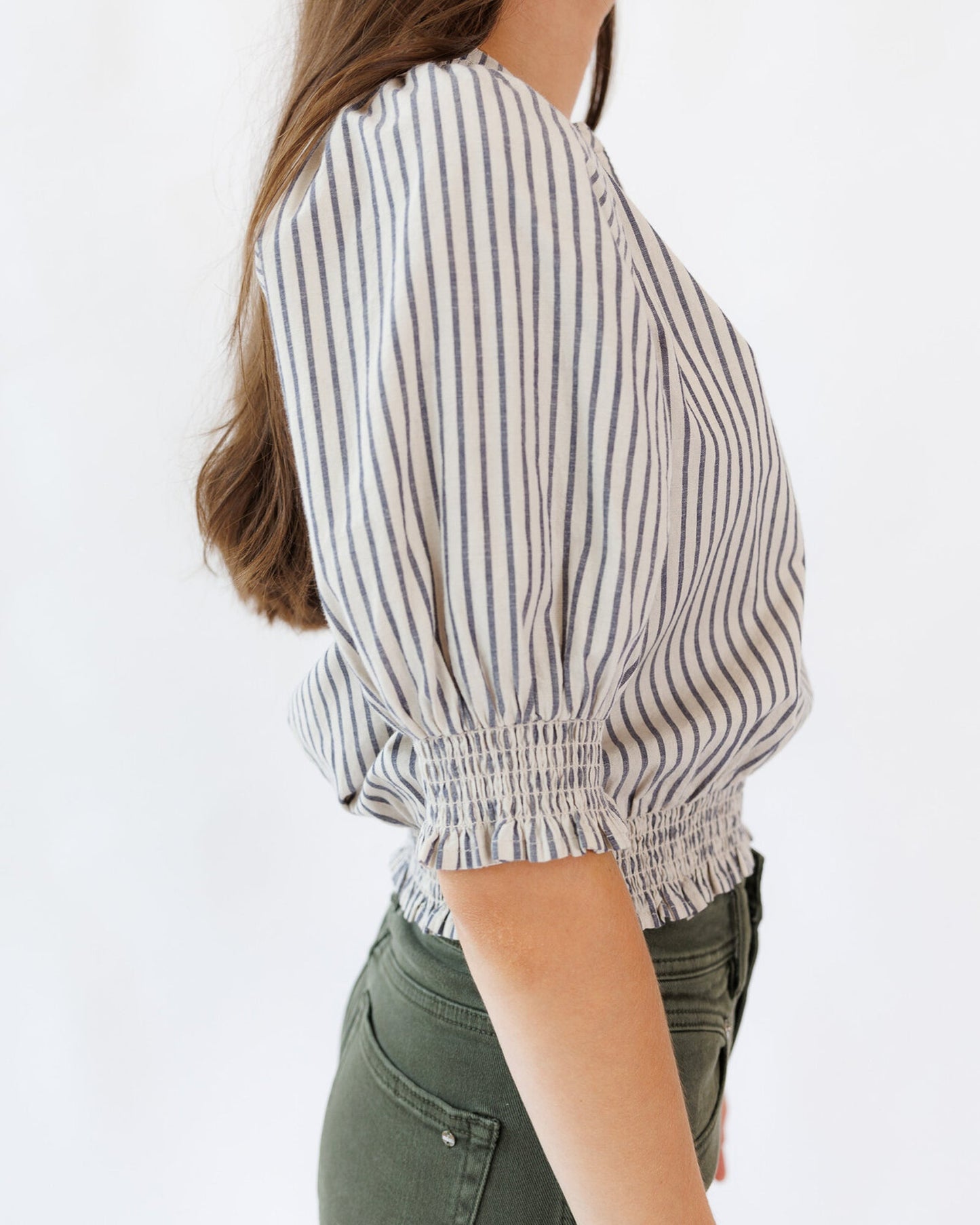Penelope Top Split Neckline Tie Smocked Cotton Blouse