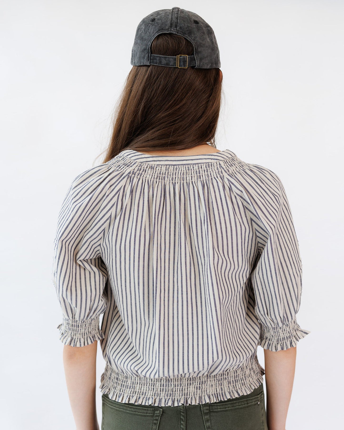 Penelope Top Split Neckline Tie Smocked Cotton Blouse