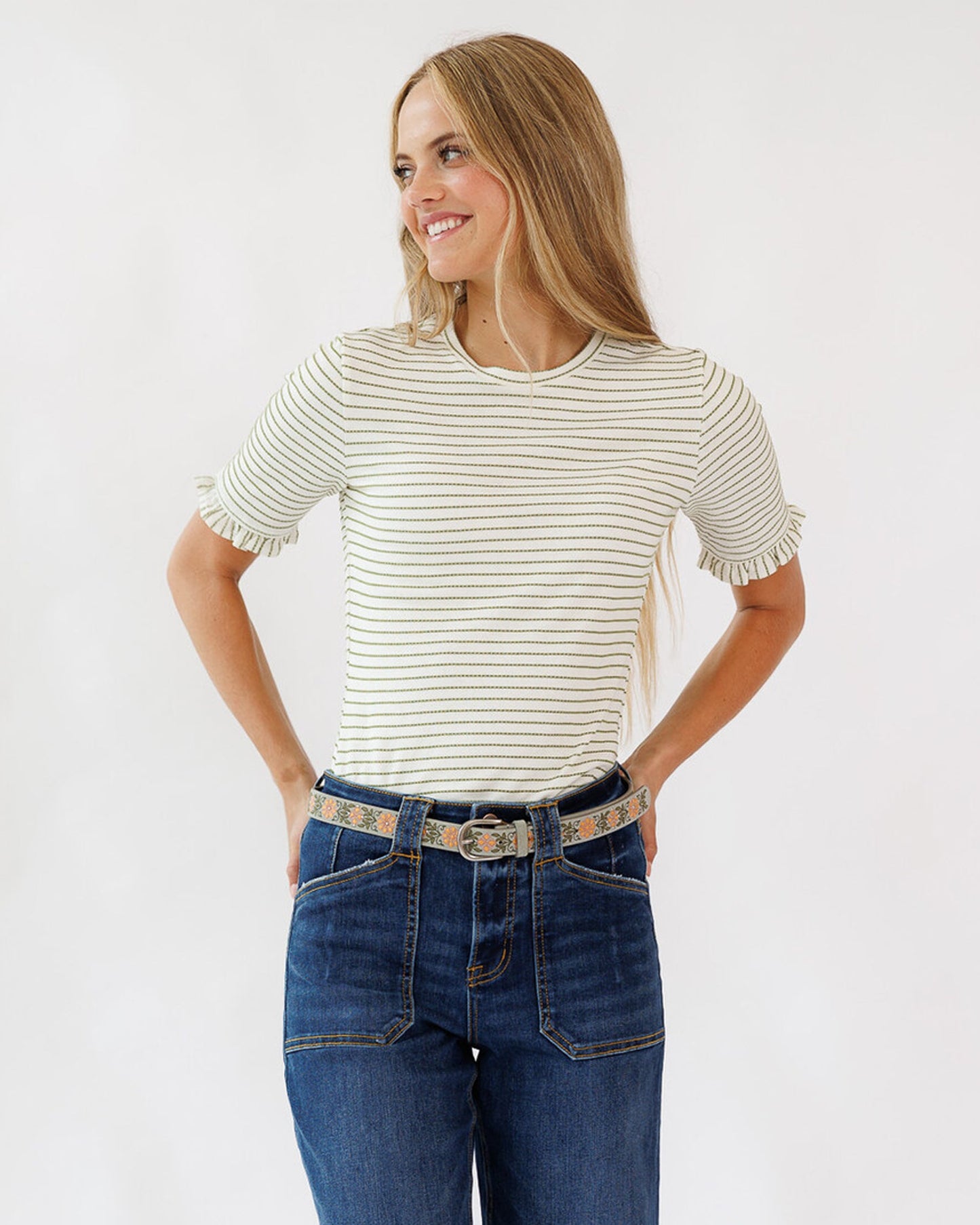 Striped Mini Ruffle Tee Short Sleeve Cotton Blend Shirt